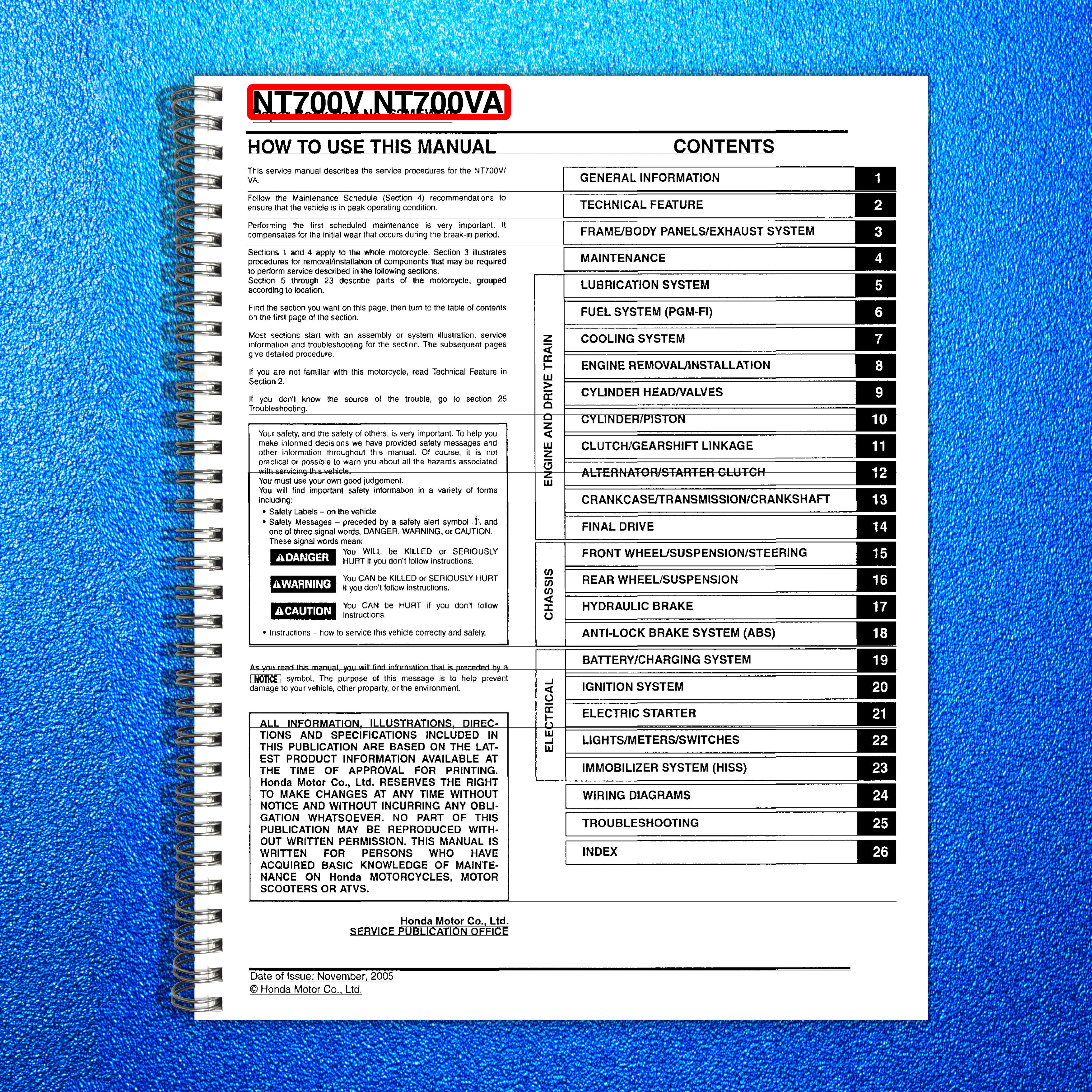 HONDA NT700V NT700VA Deauville Service Manual 2005 - BOUND - COVERS - FOLDOUTS