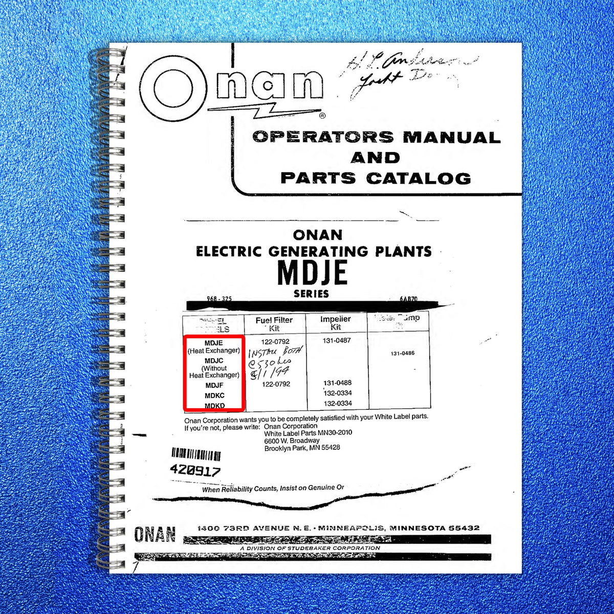 ONAN MDJE MDJC MDJF MDKC MDKD Operators And Parts Manual - WIRE BOUND - COVERS