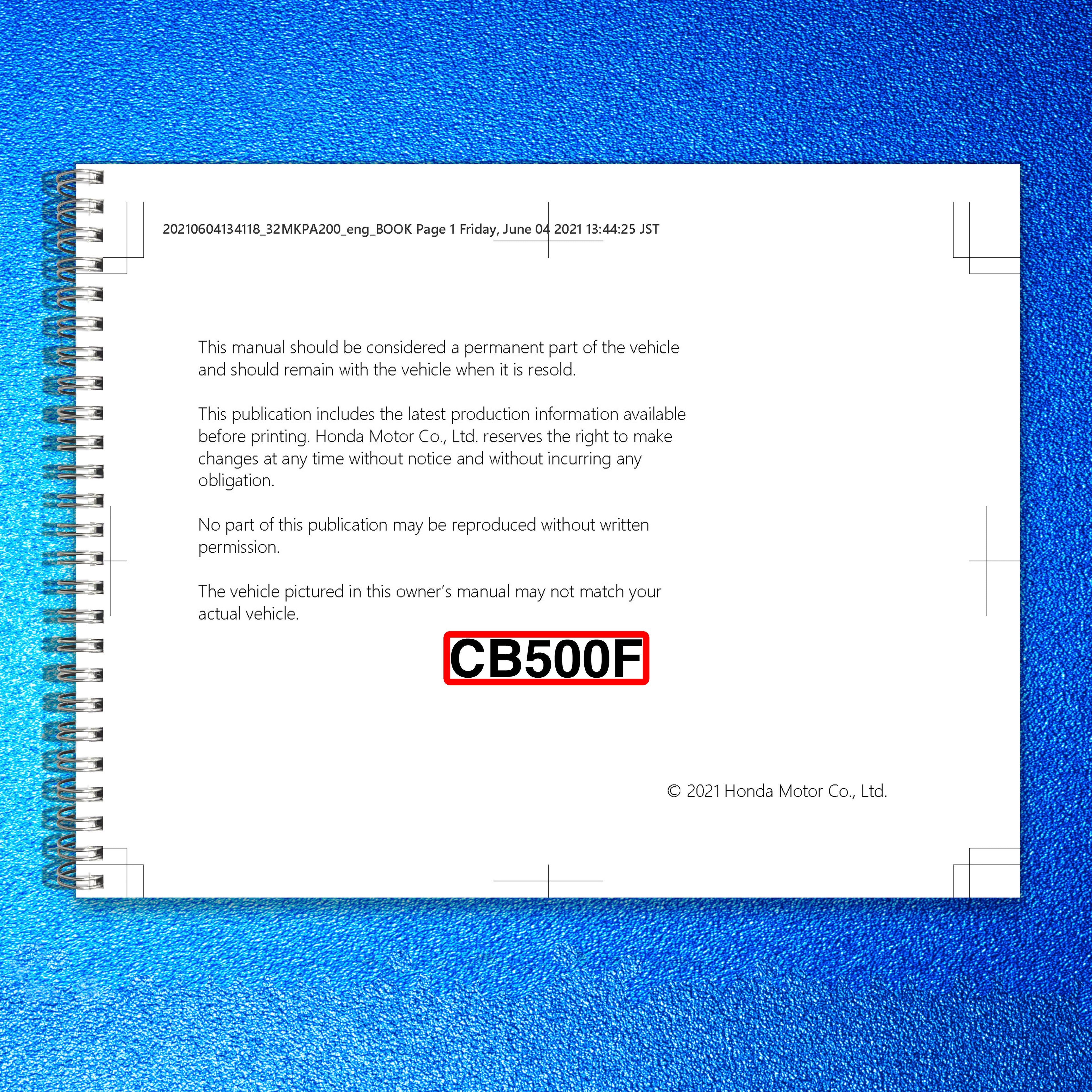 HONDA CB500F Motorcycle Owners Manual 2022 - STEEL WIRE BOUND - TOUGH COVERS