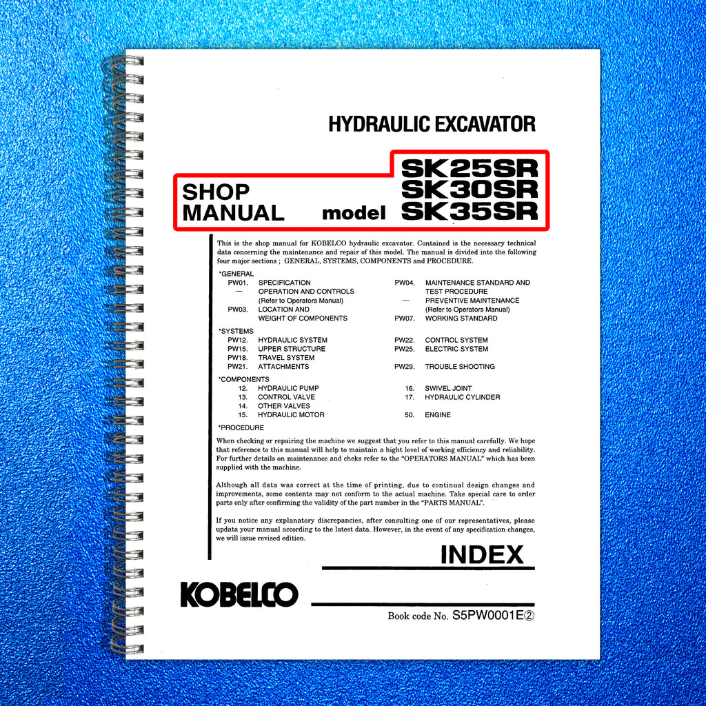 KOBELCO SK25SR SK30SR SK35SR Mini Excavator Workshop Manual - WIRE BOUND, COVERS