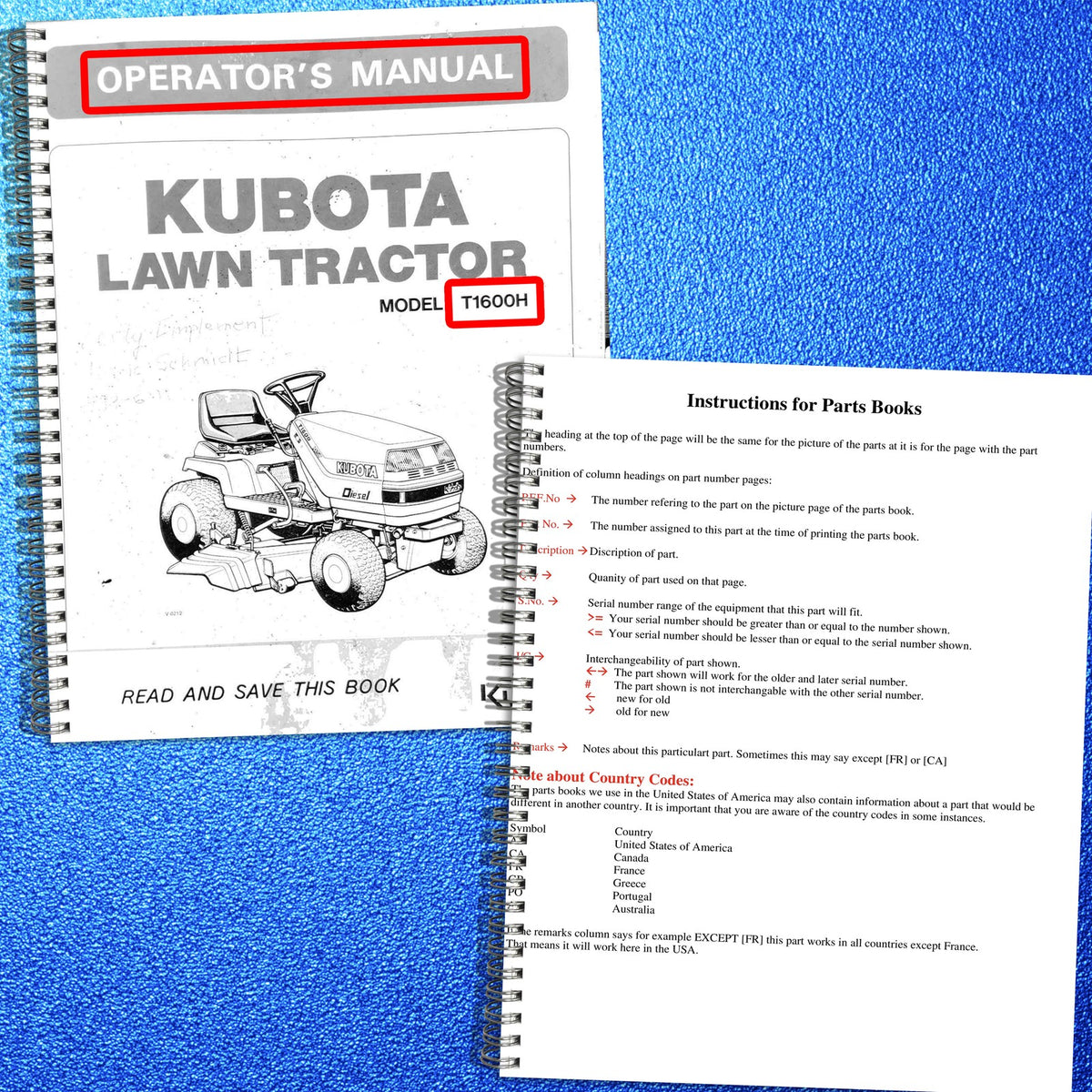 KUBOTA T1600H Lawn Tractor Operators & Parts Manual BUNDLE - WIRE BOUND - COVERS