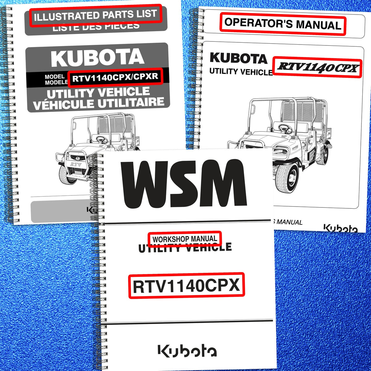 KUBOTA RTV1140CPX CPXR Parts Service Operators Manual BUNDLE - WIRE BOUND