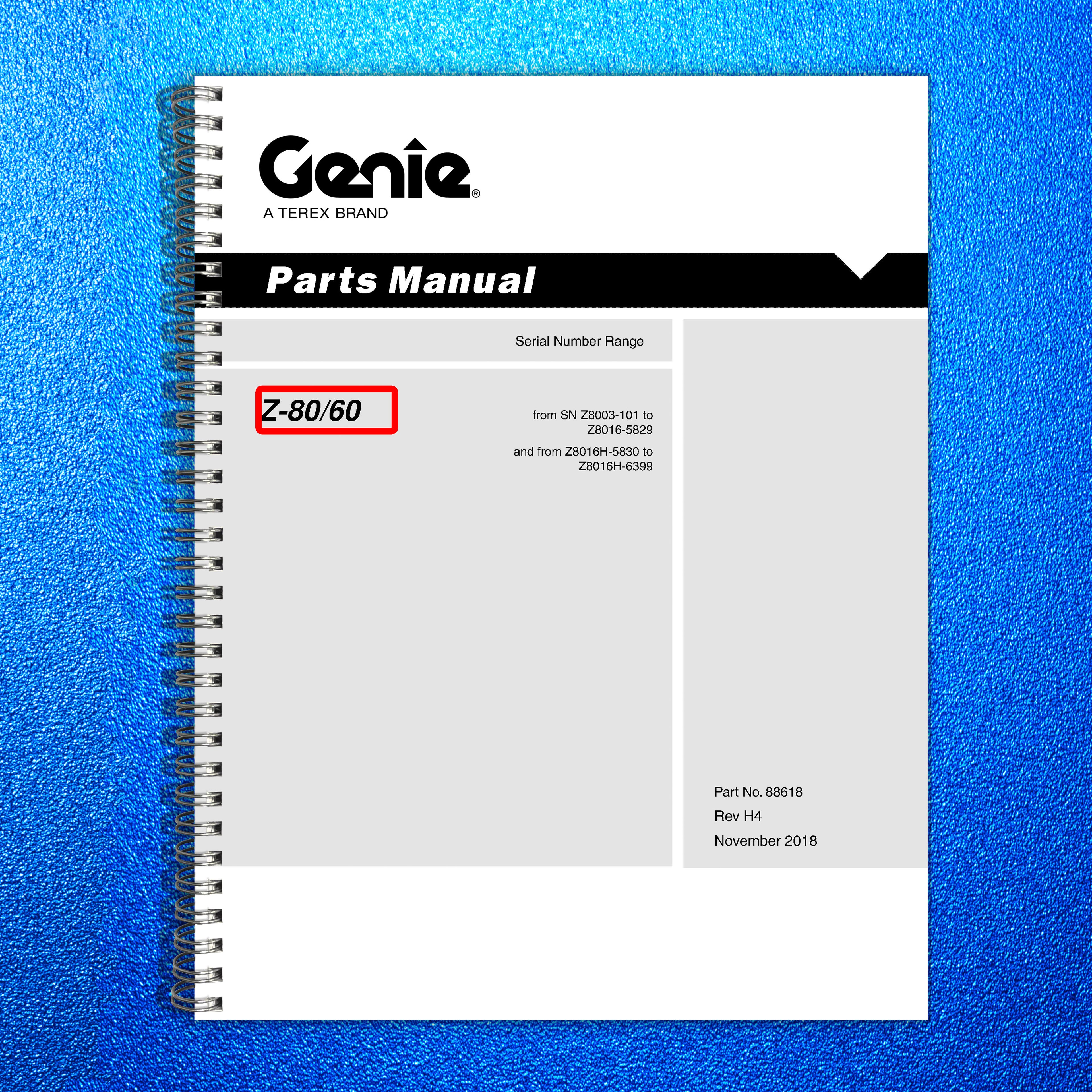 GENIE Z-80-60 Boom Lift Parts Manual 2018 - STEEL WIRE BOUND - PROTECTIVE COVERS