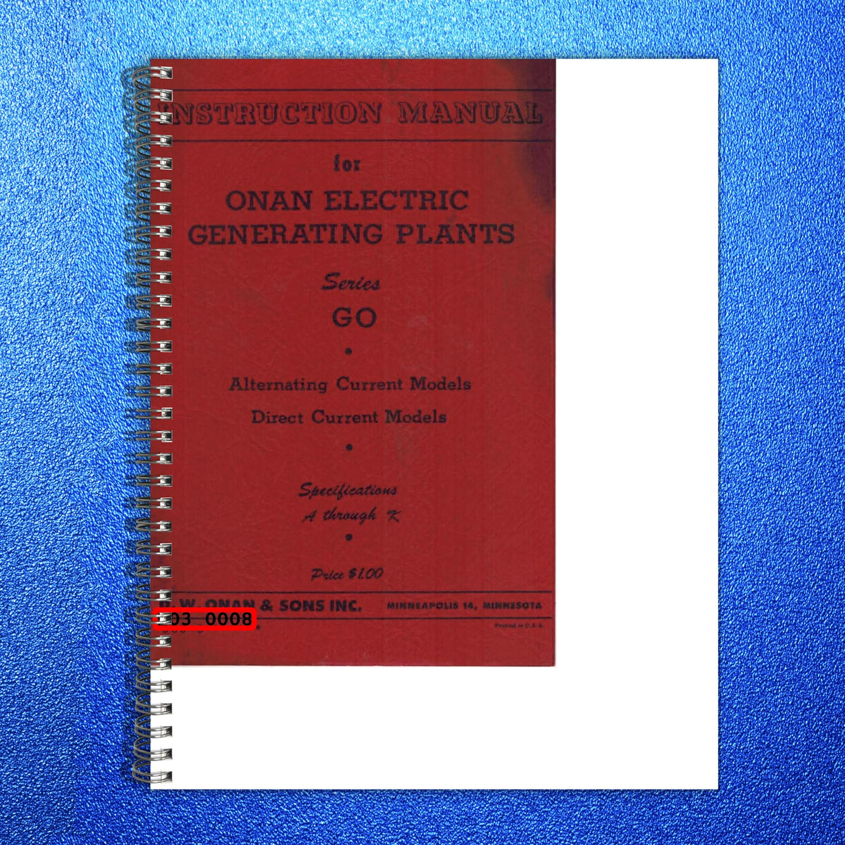 ONAN 903-0008 GO Spec A-K Genset Operators Manual - WIRE BOUND - TOUGH COVERS