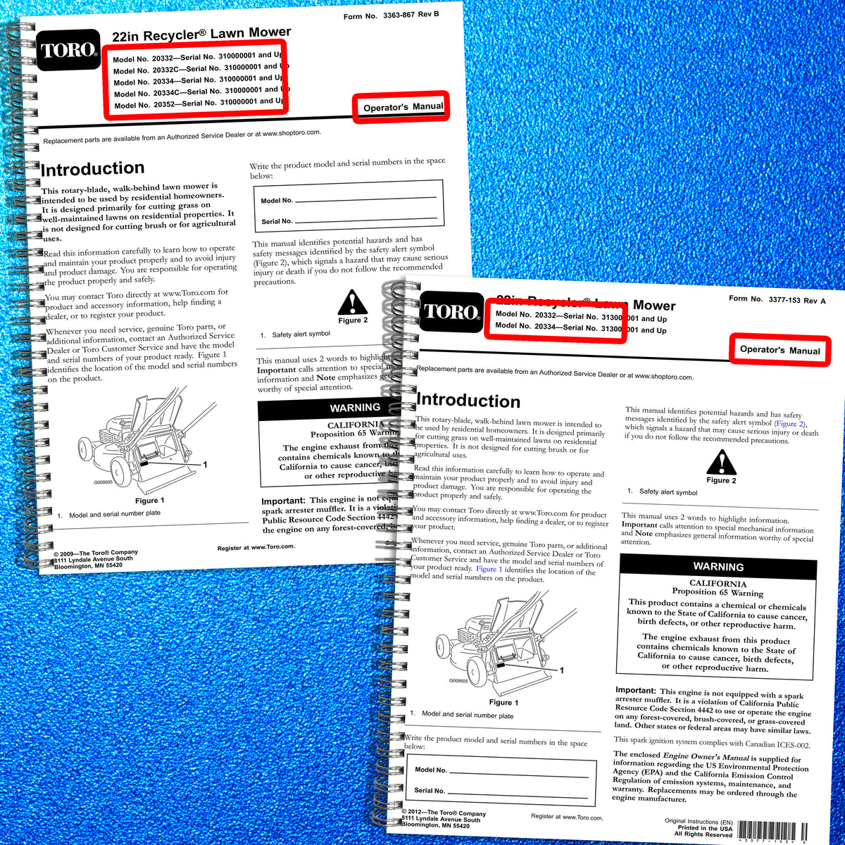 TORO 20332 20332C 20334 20334C 20352 Operators Manual BUNDLE - WIRE BOUND