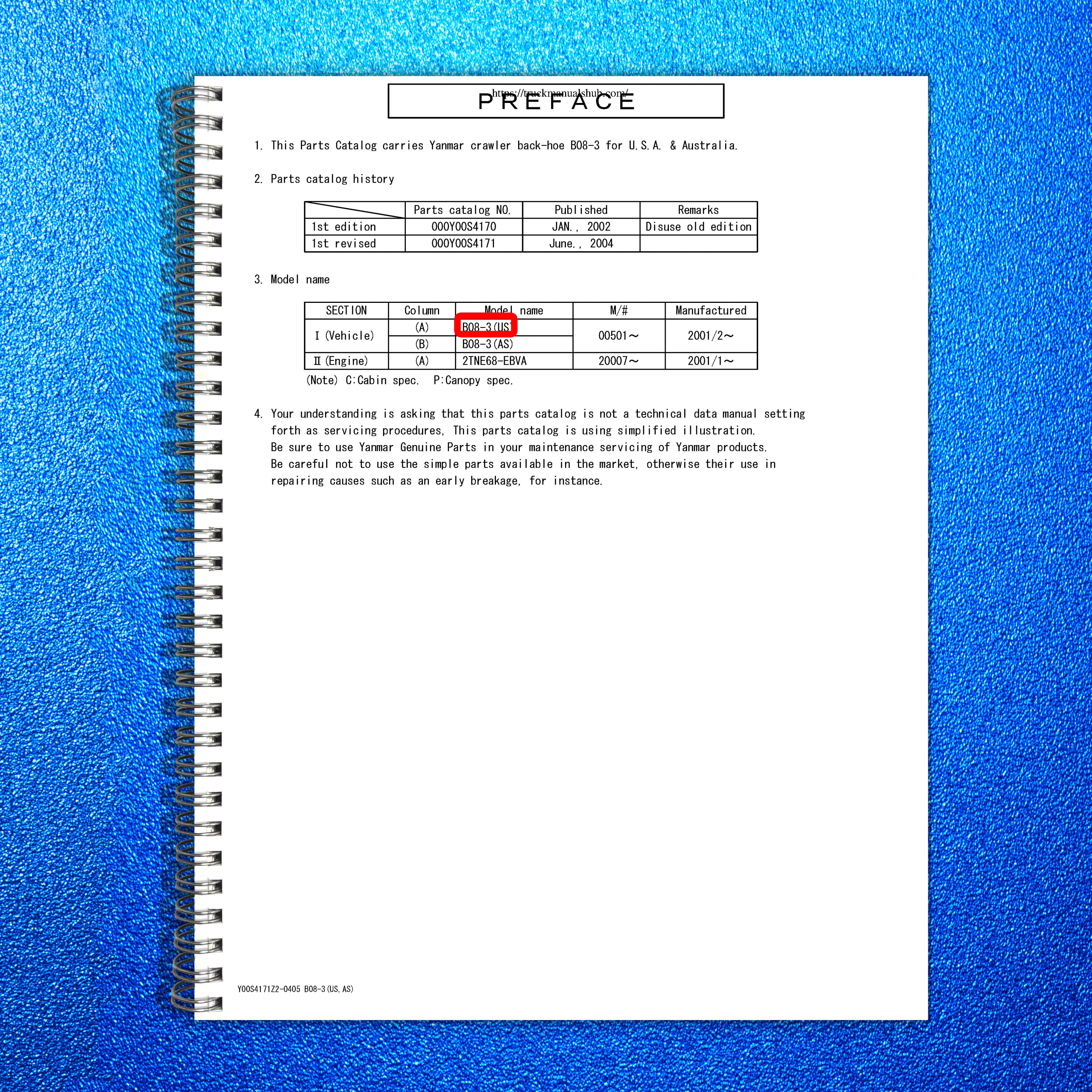 YANMAR B08-3 Excavator Parts Catalog Manual - BOUND - COVERS - XL FOLDOUT PAGES