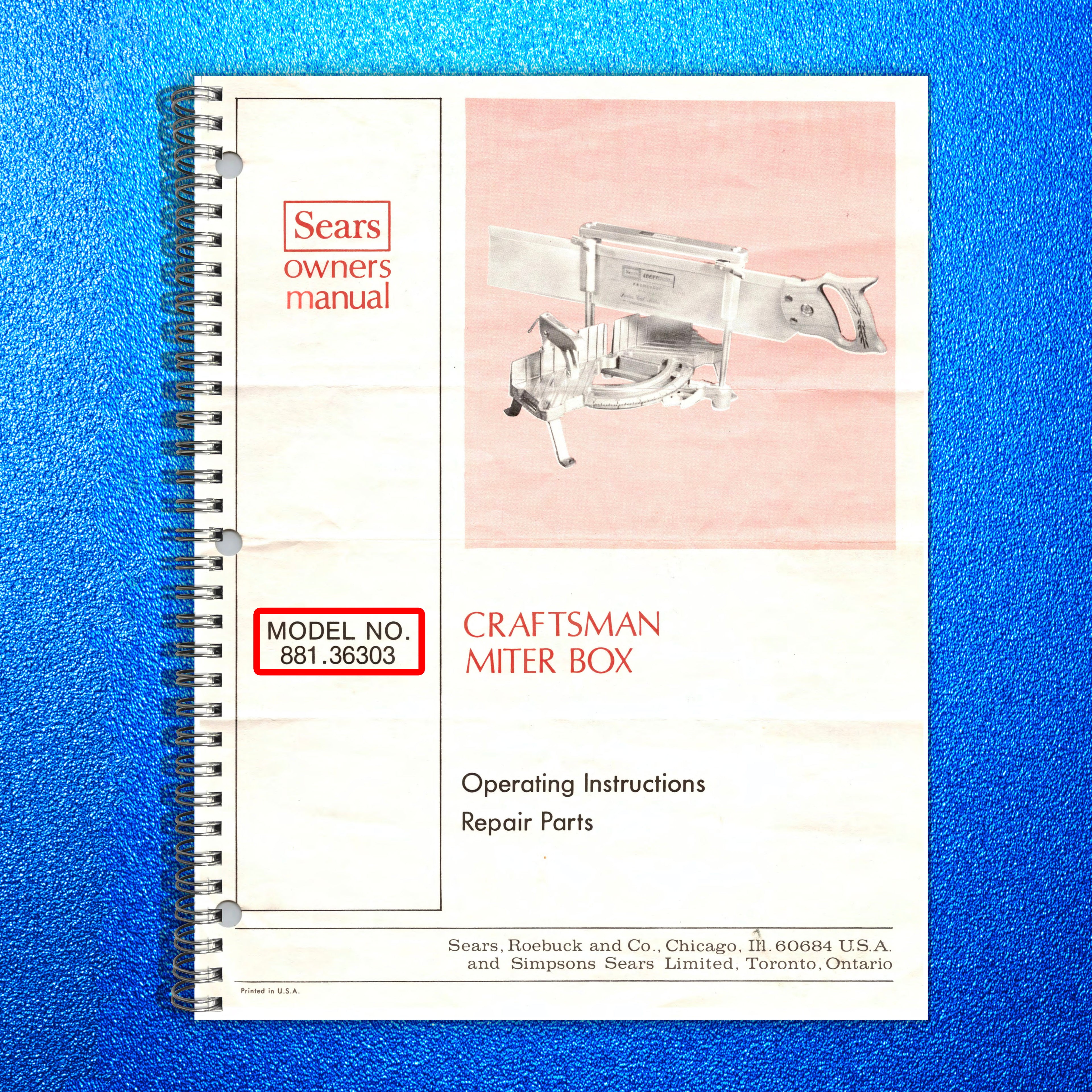SEARS CRAFTSMAN 88136303 Miter Box Owners Manual - WIRE BOUND - TOUGH COVERS