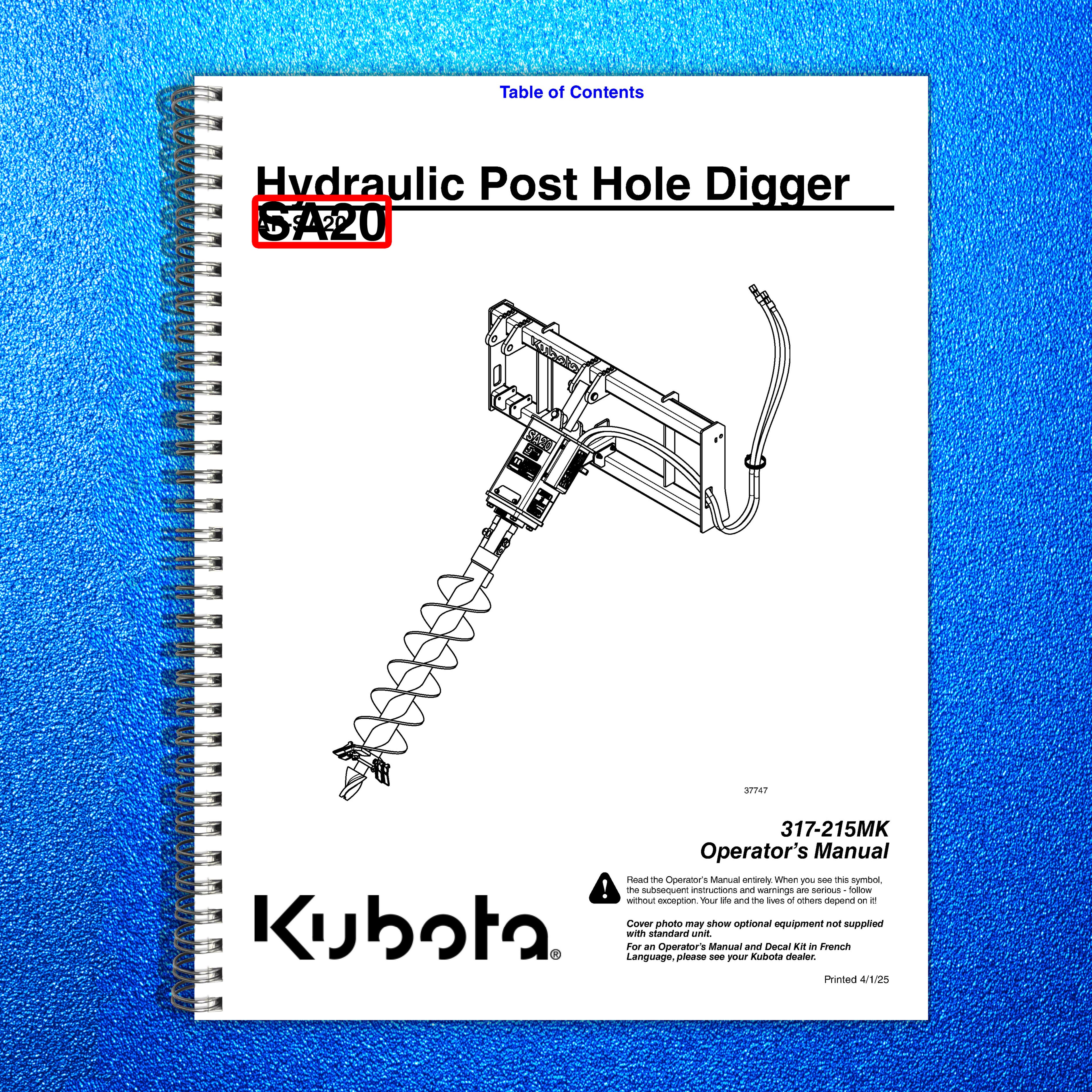 LAND PRIDE SA20 Series Post Hole Digger Operators Manual 2 - WIRE BOUND