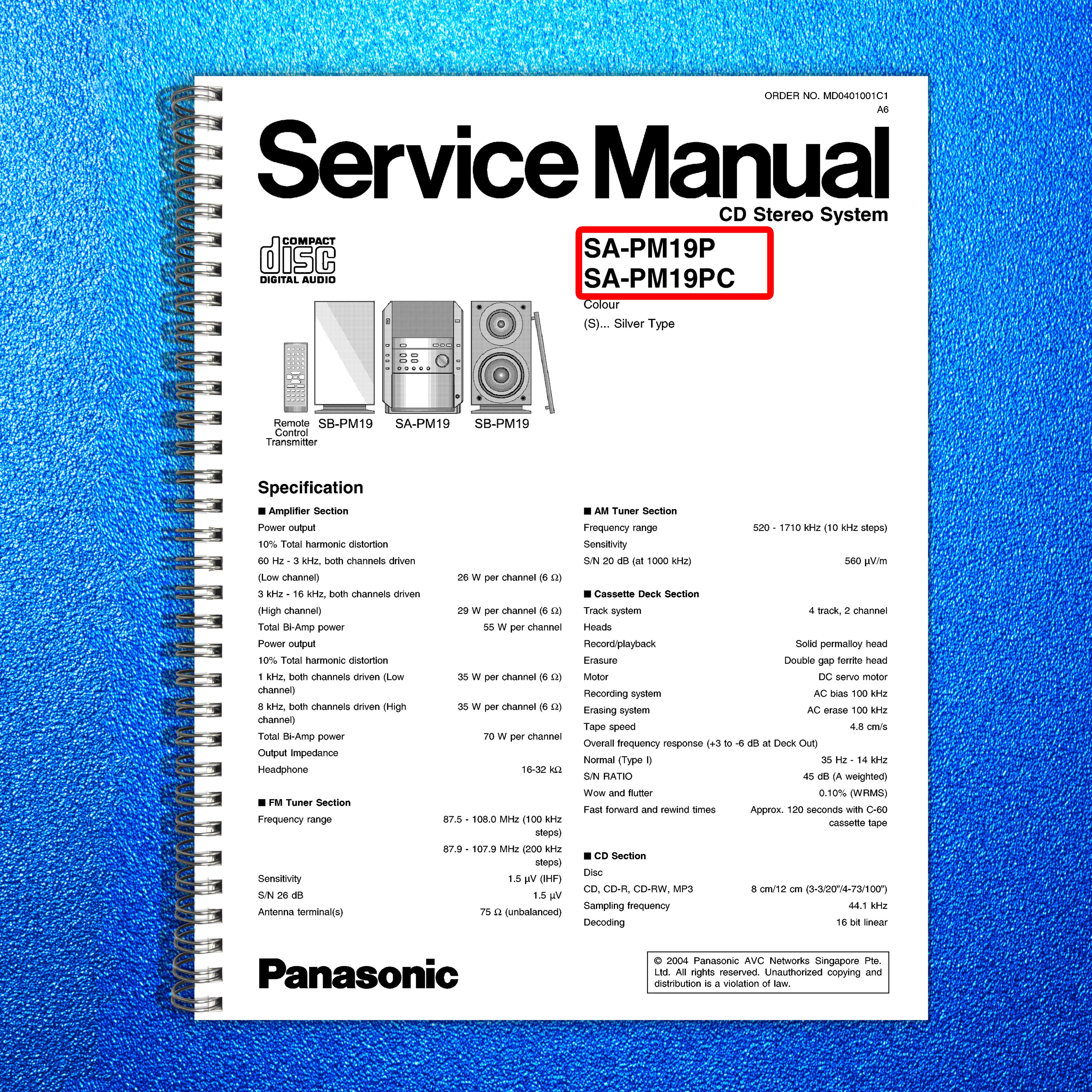 PANASONIC SA-PM19 SA-PM19PC CD Stereo System Service Manual 2004 - WIRE BOUND