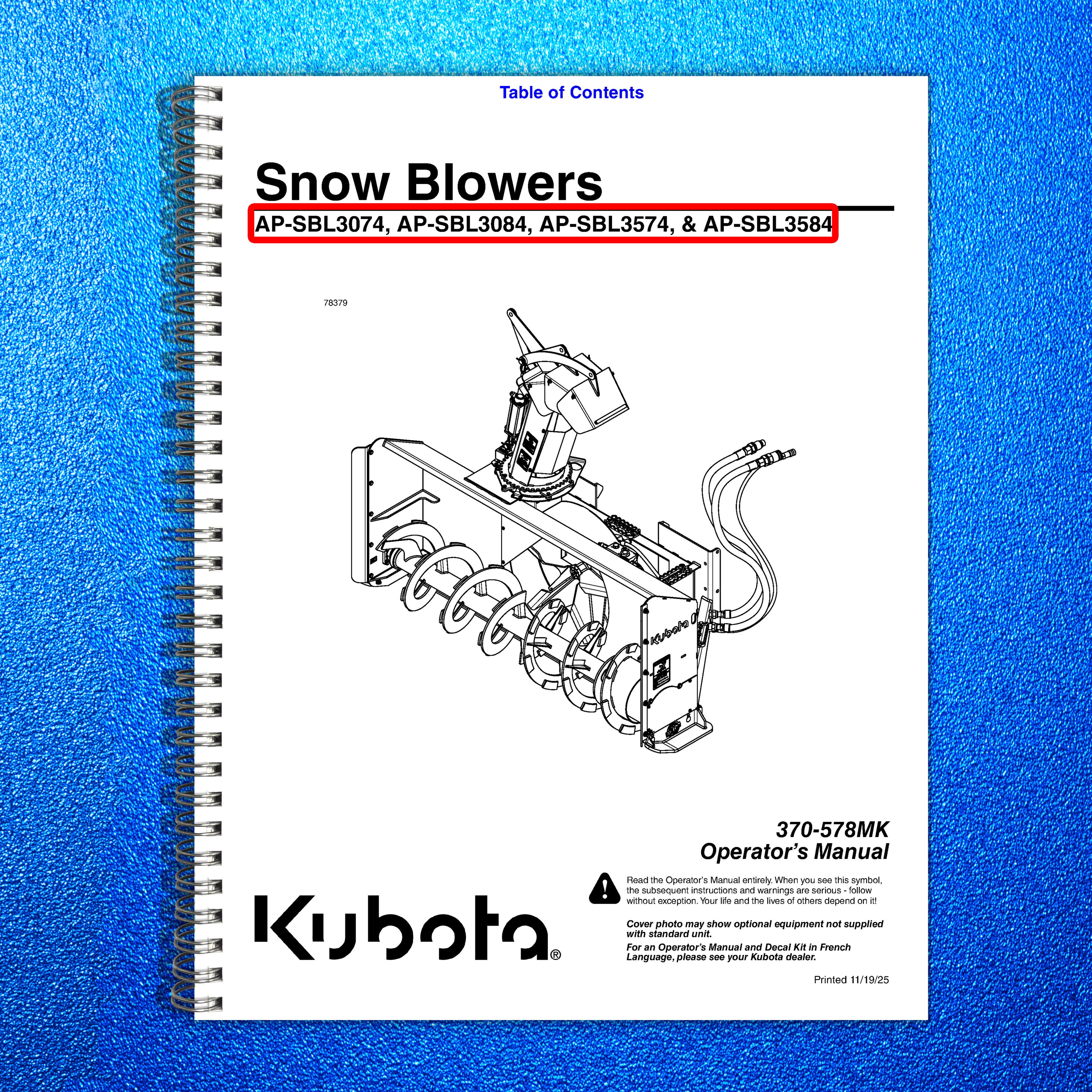 LAND PRIDE SBL30 SBL35 Series Snow Blowers Operators Manual - WIRE BOUND