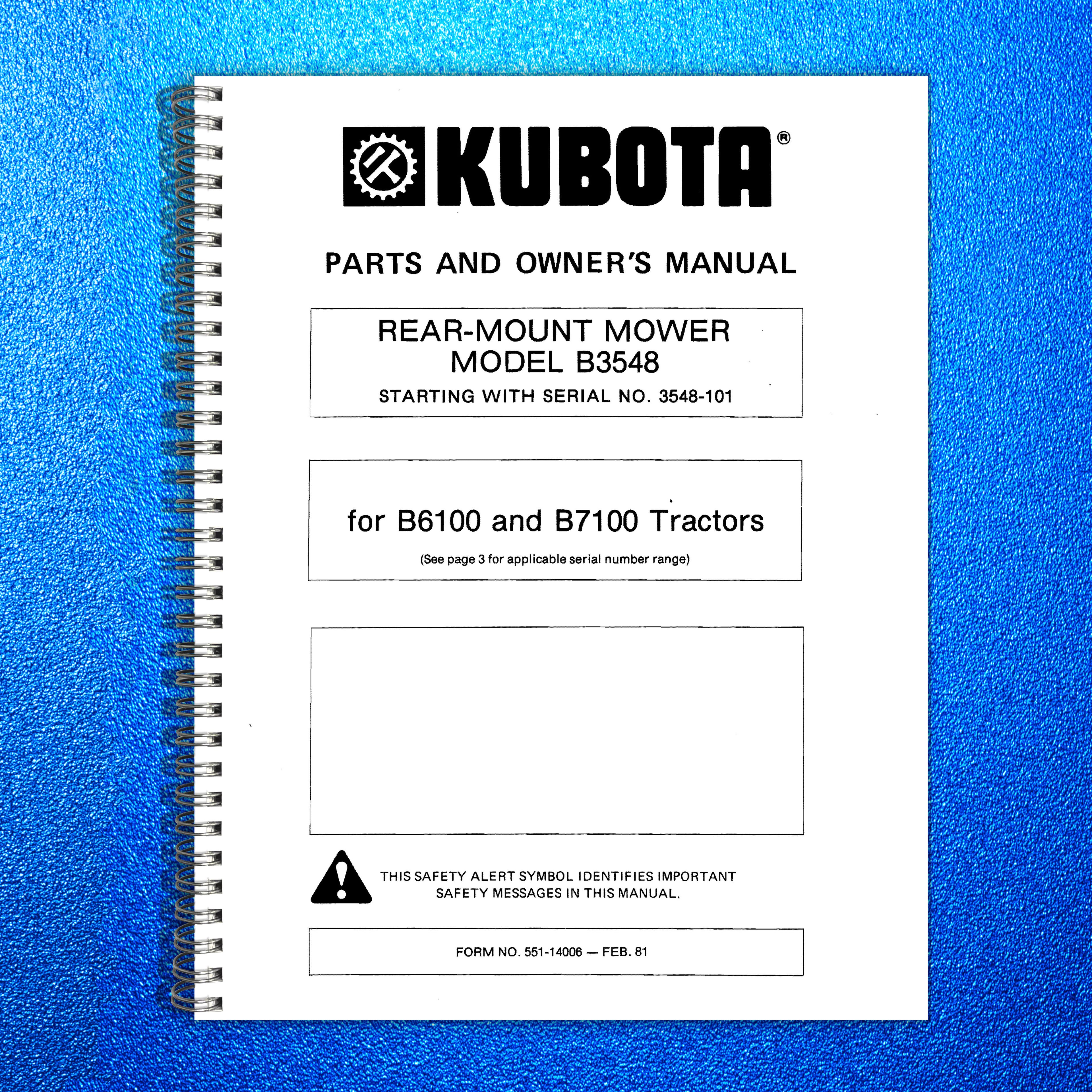 KUBOTA  More Rear-Mount Mower Parts And Manual For B6100 B7100 Tractors - BOUND