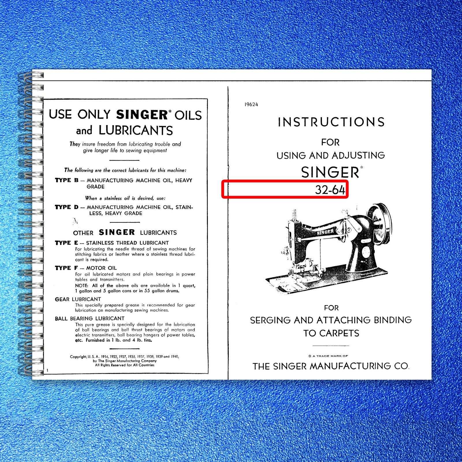 SINGER 32-64 Industrial Sewing Machine Instructions Manual - WIRE BOUND - COVERS