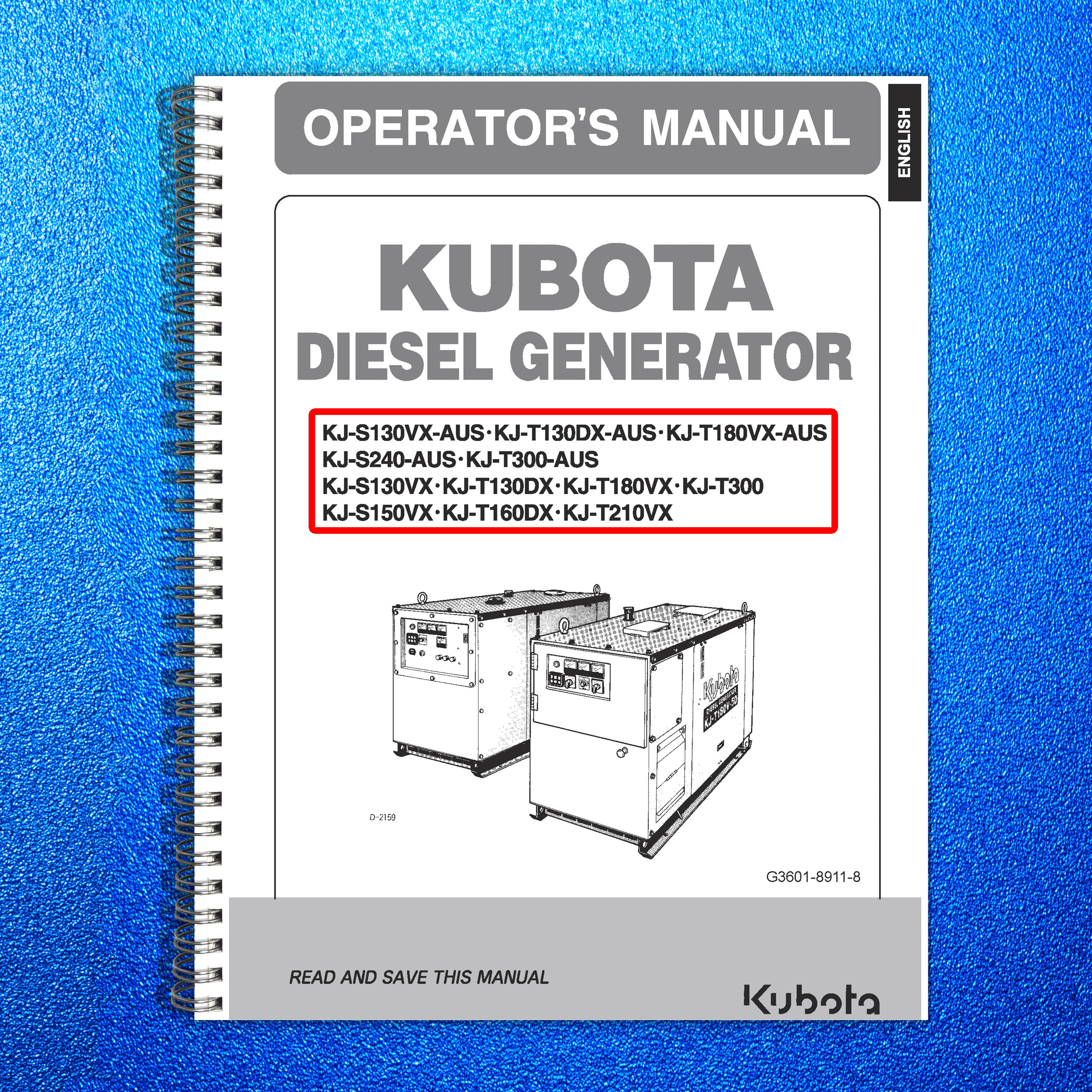 KUBOTA KJ-S130VX ETC DIESEL GENERATOR OPERATORS MANUAL, WIRE BOUND, TOUGH COVERS