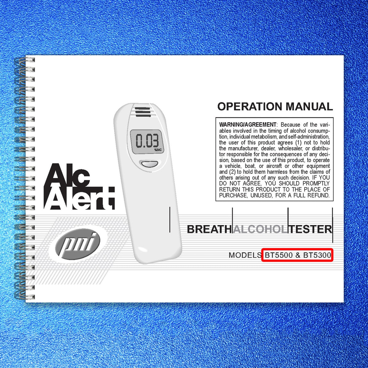 PMI AlcAlert BT5500 BT5300 Breath Alcohol Tester Operation Manual - WIRE BOUND