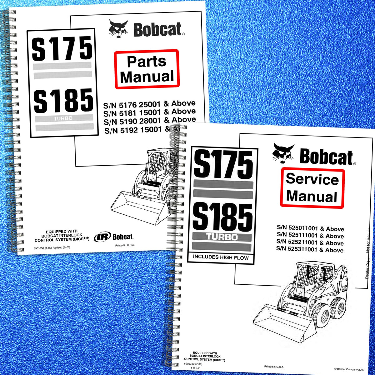 BOBCAT S175 S185 Parts & Service Manual BUNDLE - STEEL WIRE BOUND - TOUGH COVERS