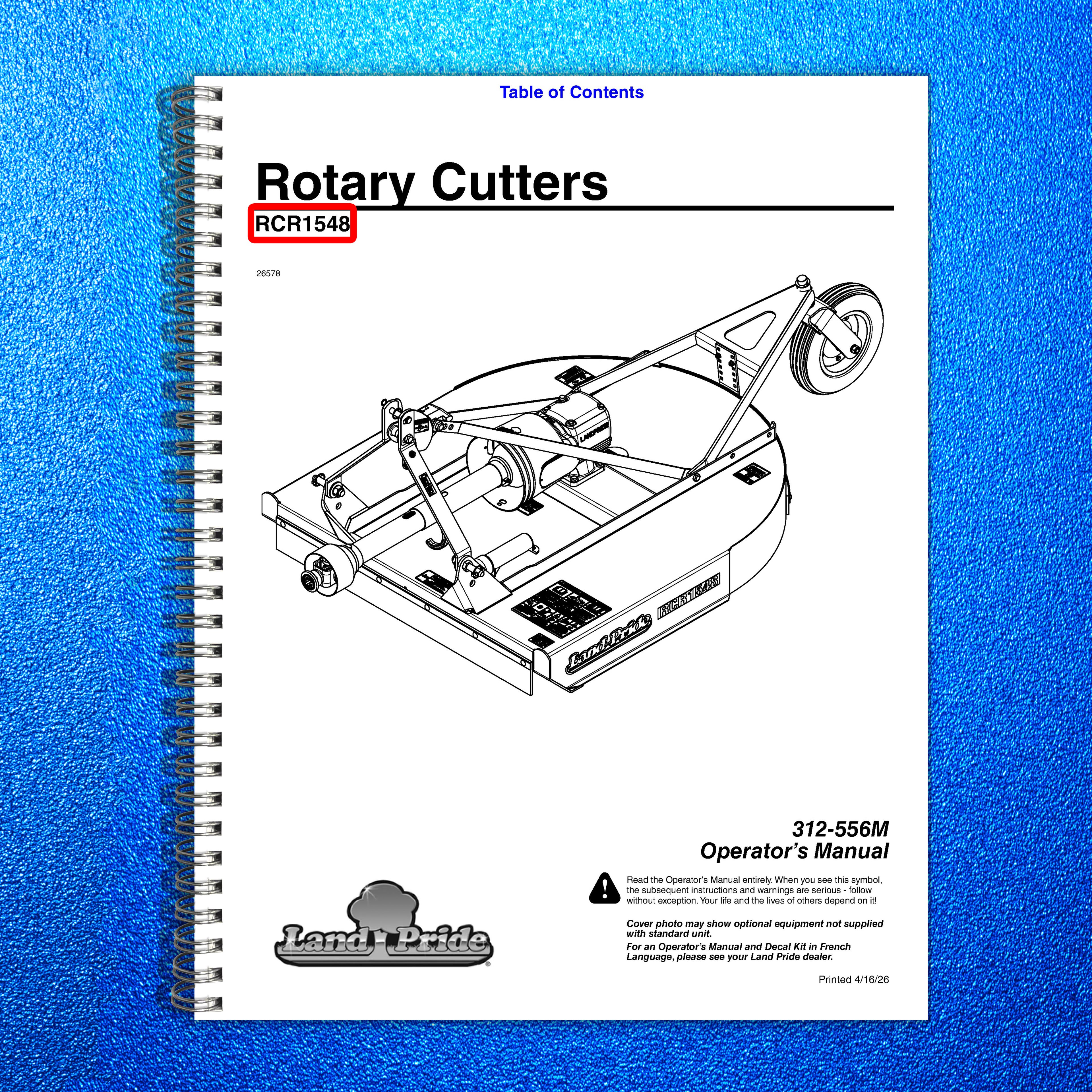 LAND PRIDE RCR1548 Rotary Cutter Operators Manual 2026 - WIRE BOUND - COVERS