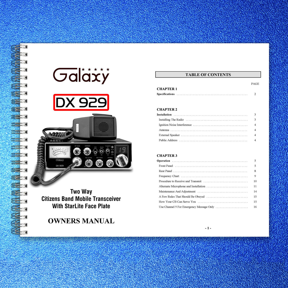 GALAXY DX 929 CB Mobile Transceiver Owners Manual - WIRE BOUND - TOUGH COVERS