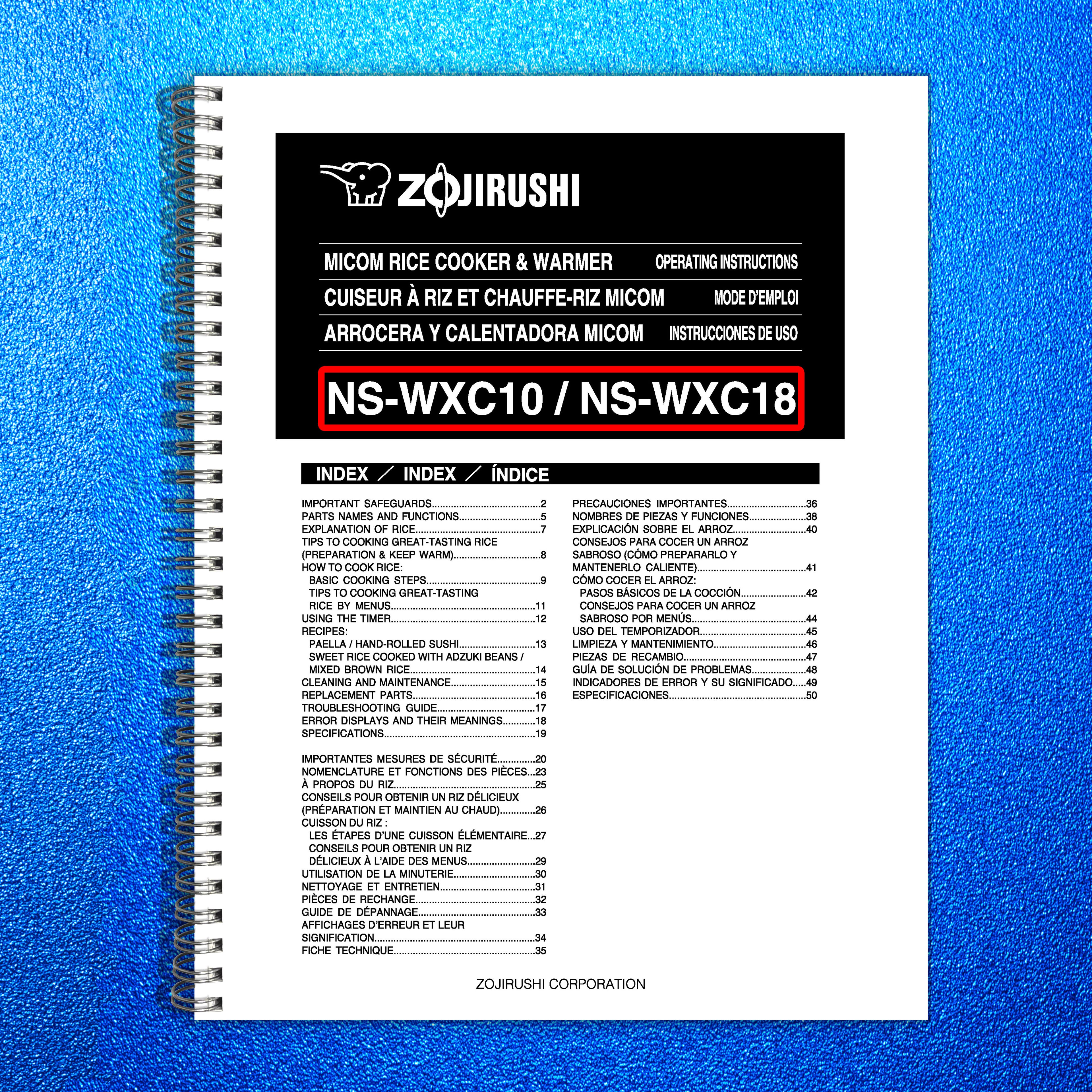ZOJIRUSHI NS-WXC10 18 Micom Rice Cooker  Operating Instructions Manual - BOUND