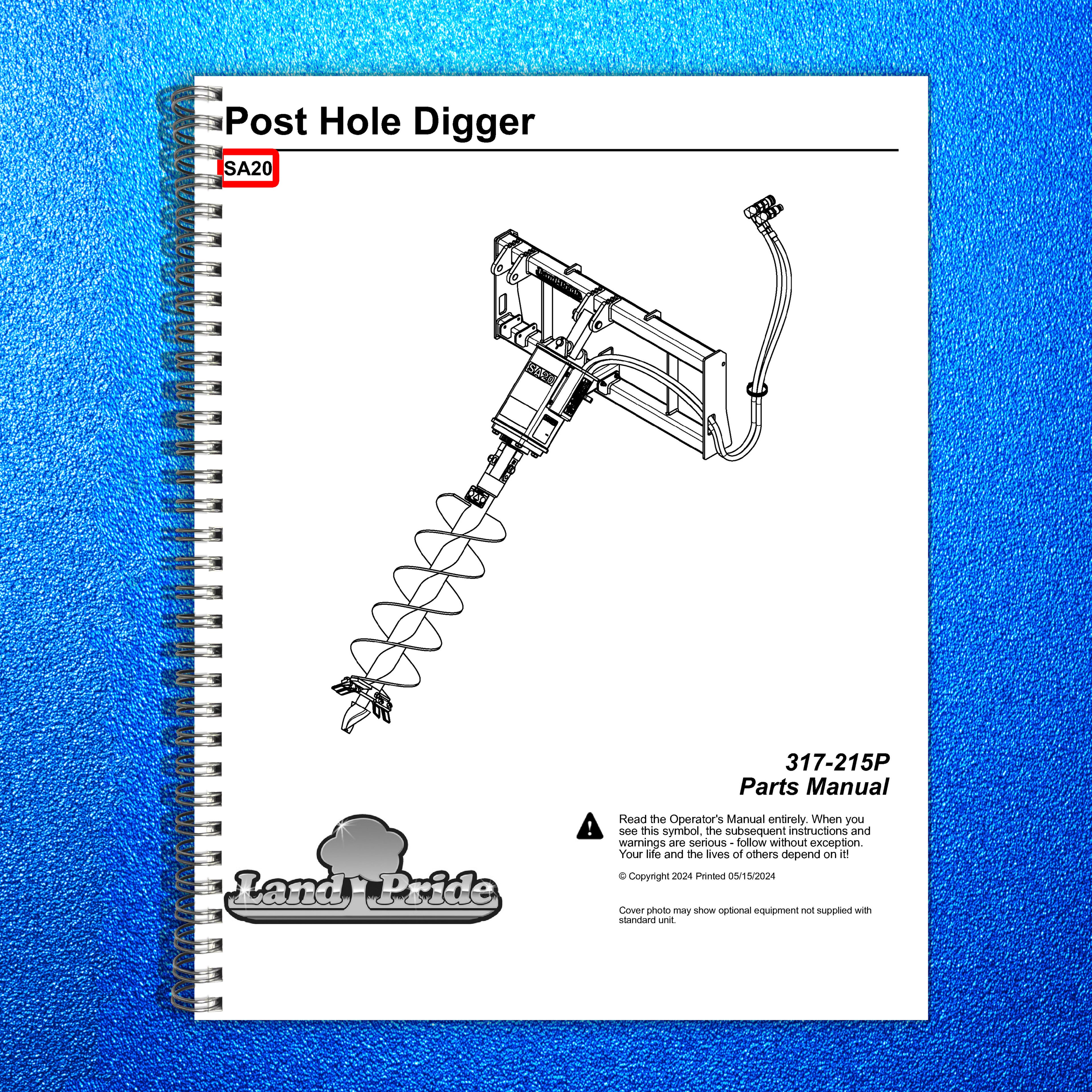 LAND PRIDE SA20 Series Post Hole Digger Parts Manual 2024 - WIRE BOUND - COVERS