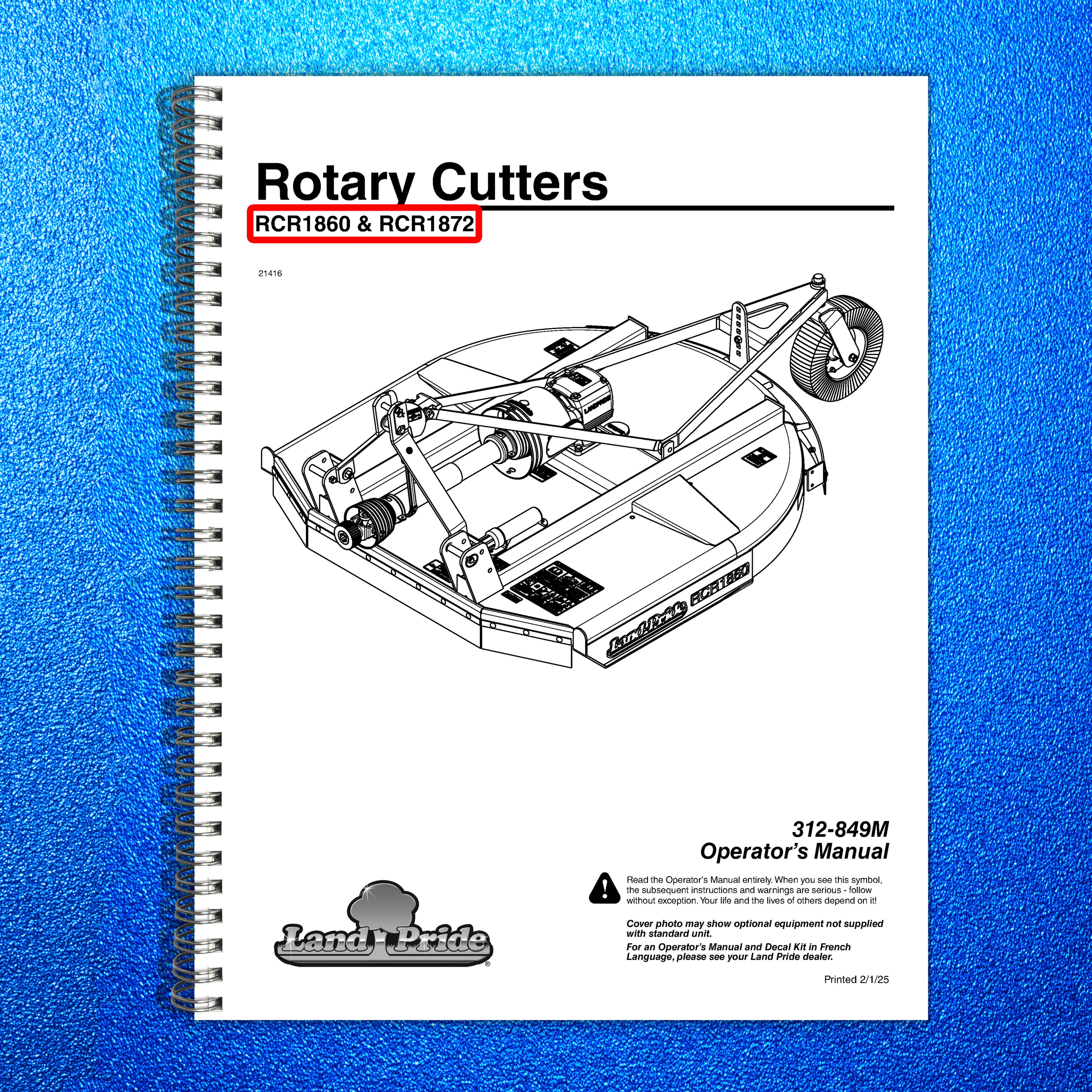 LAND PRIDE RCR1860 RCR1872 Rotary Cutters Operators Manual 2025 - WIRE BOUND