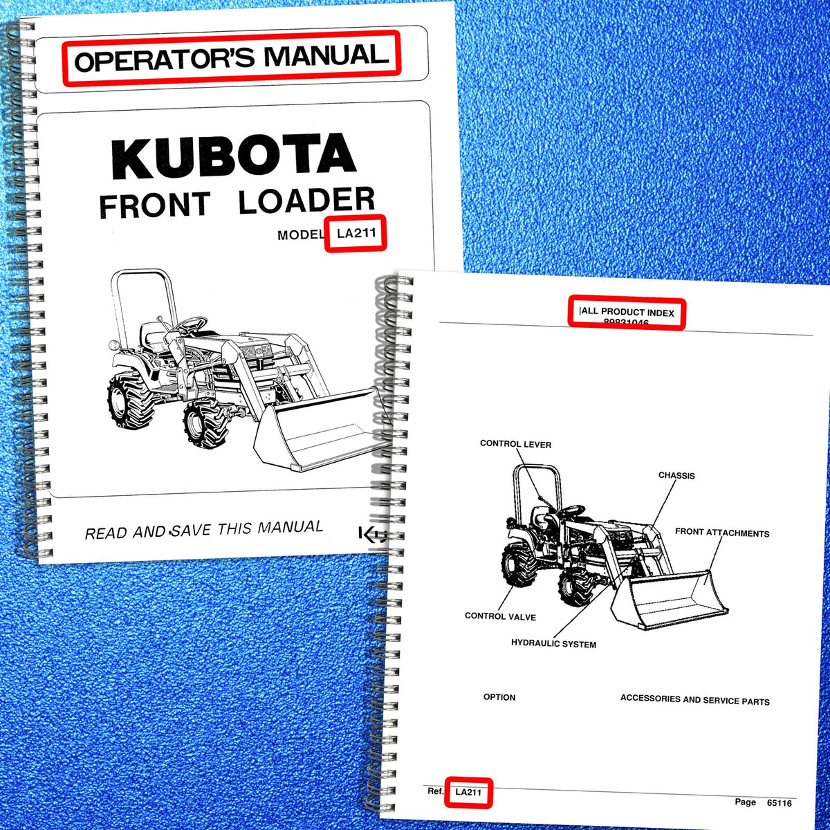 KUBOTA LA211 Front Loader Operators & Parts Manual BUNDLE - WIRE BOUND - COVERS