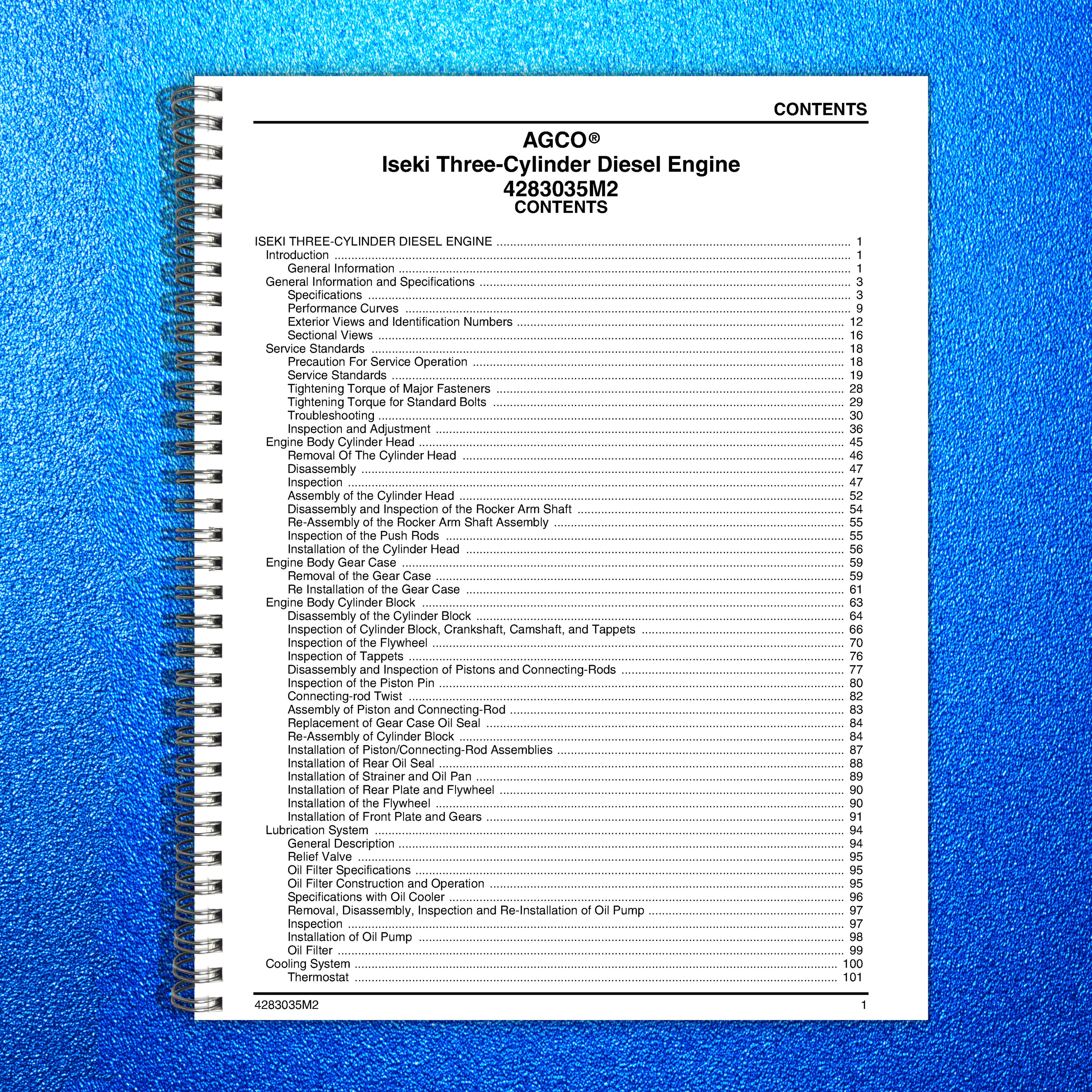 ISEKI Three Cylinder Diesel Engine Service Manual - WIRE BOUND - TOUGH COVERS
