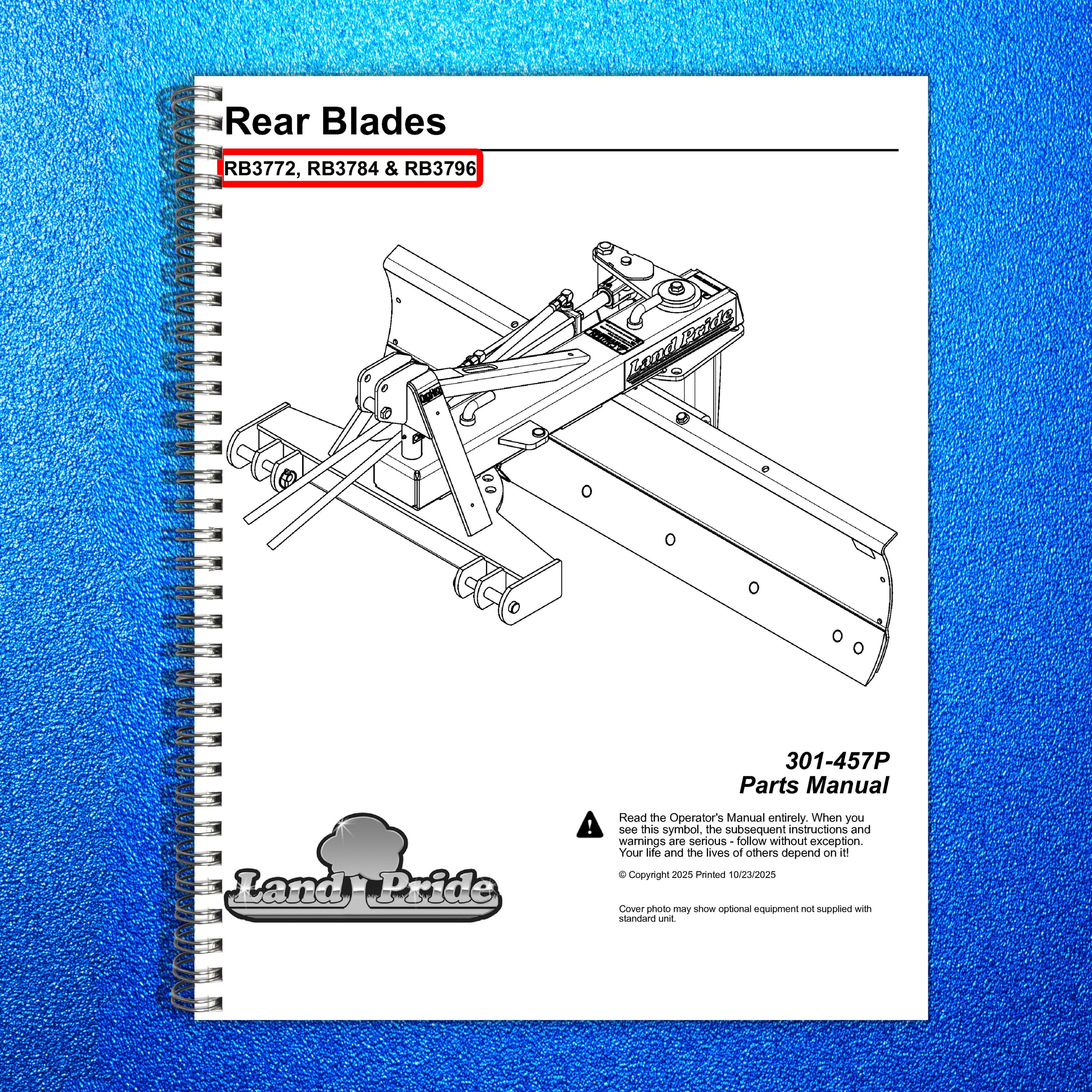 LAND PRIDE RB37 Series Rear Blades Parts Manual 2025 - WIRE BOUND - TOUGH COVERS