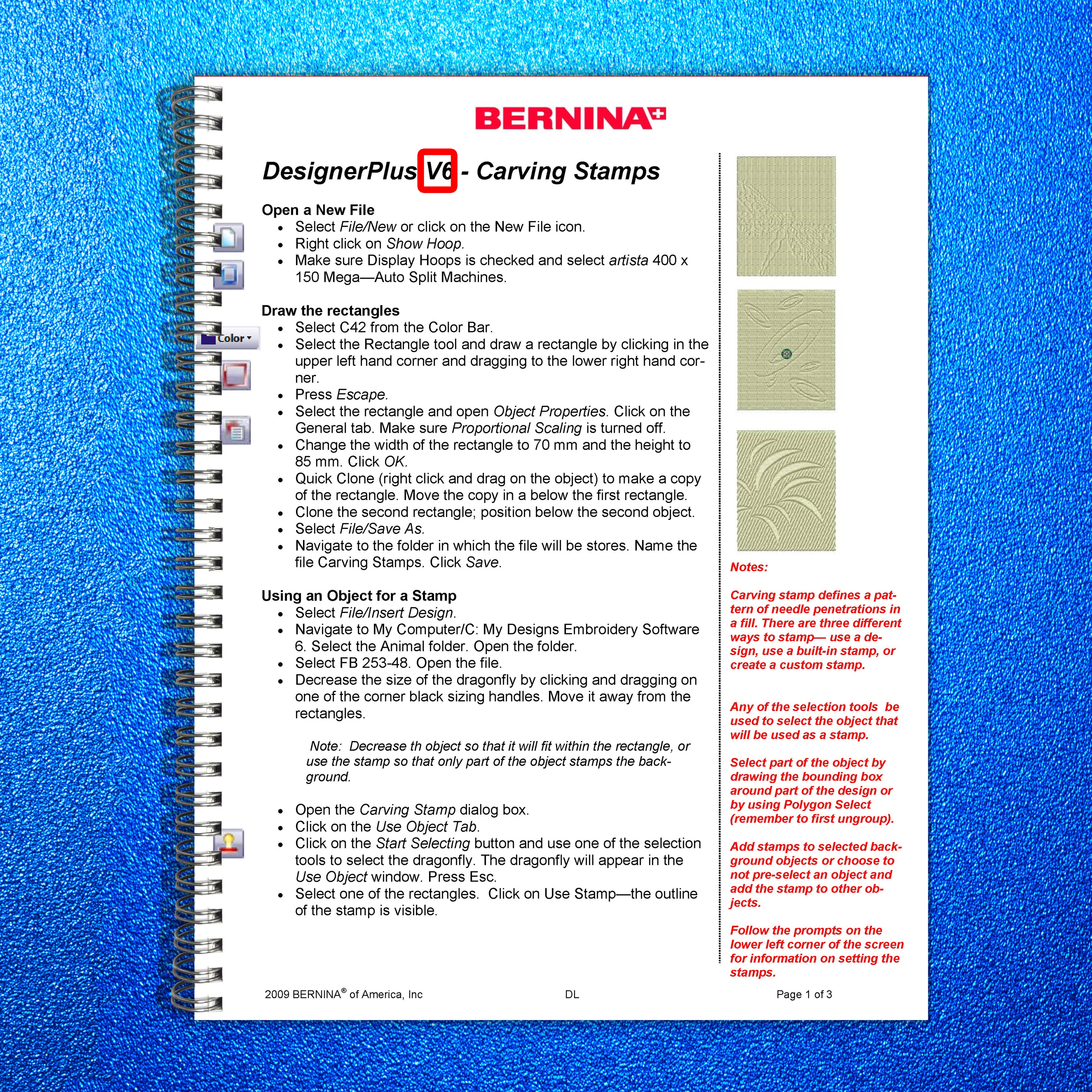 BERNINA DesignerPlus V6 Carving Stamps Instruction Manual - WIRE BOUND - COVERS