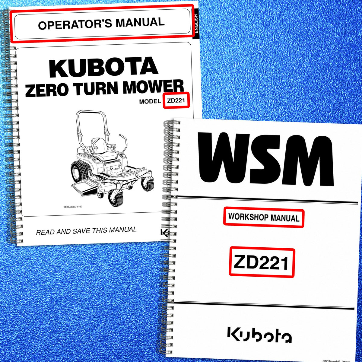 KUBOTA ZD221 Zero Turn Mower Workshop & Operators Manual BUNDLE - WIRE BOUND