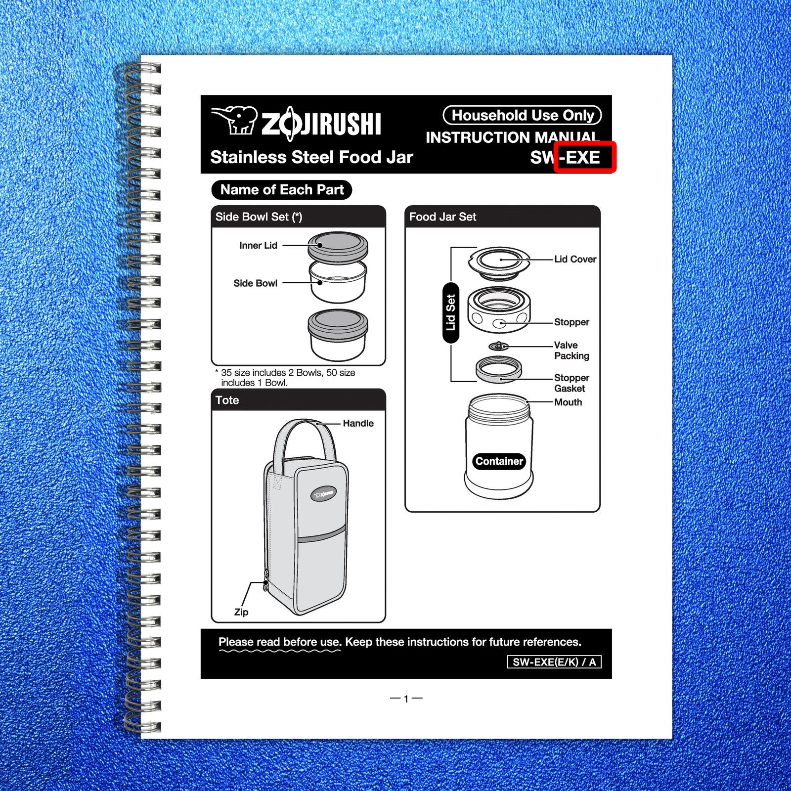 ZOJIRUSHI SW-EXE Stainless Steel Food Jar Instruction Manual - WIRE BOUND