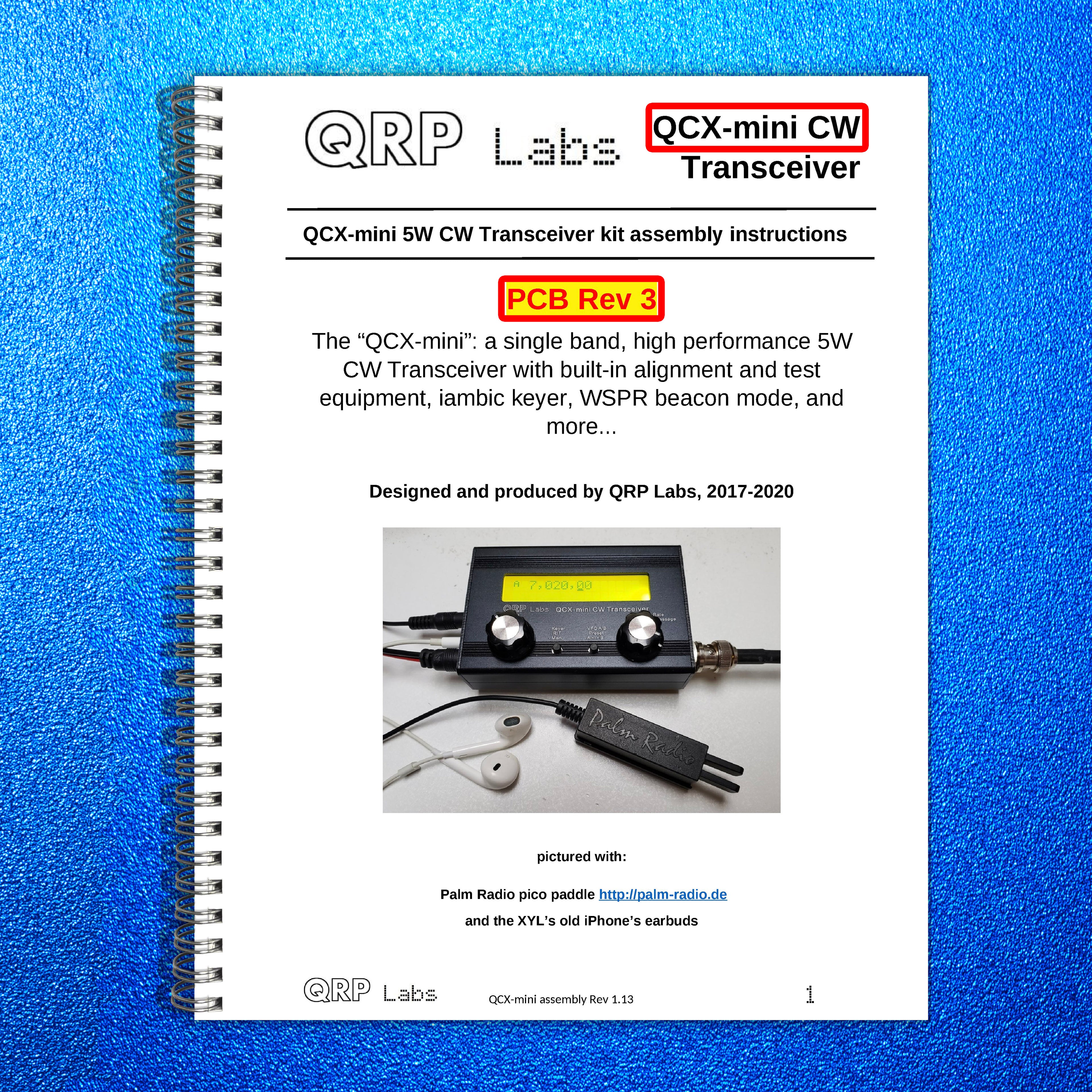 QRP LABS QCX-mini PCB Rev 3 Assembly Manual - STEEL WIRE BOUND - TOUGH COVERS