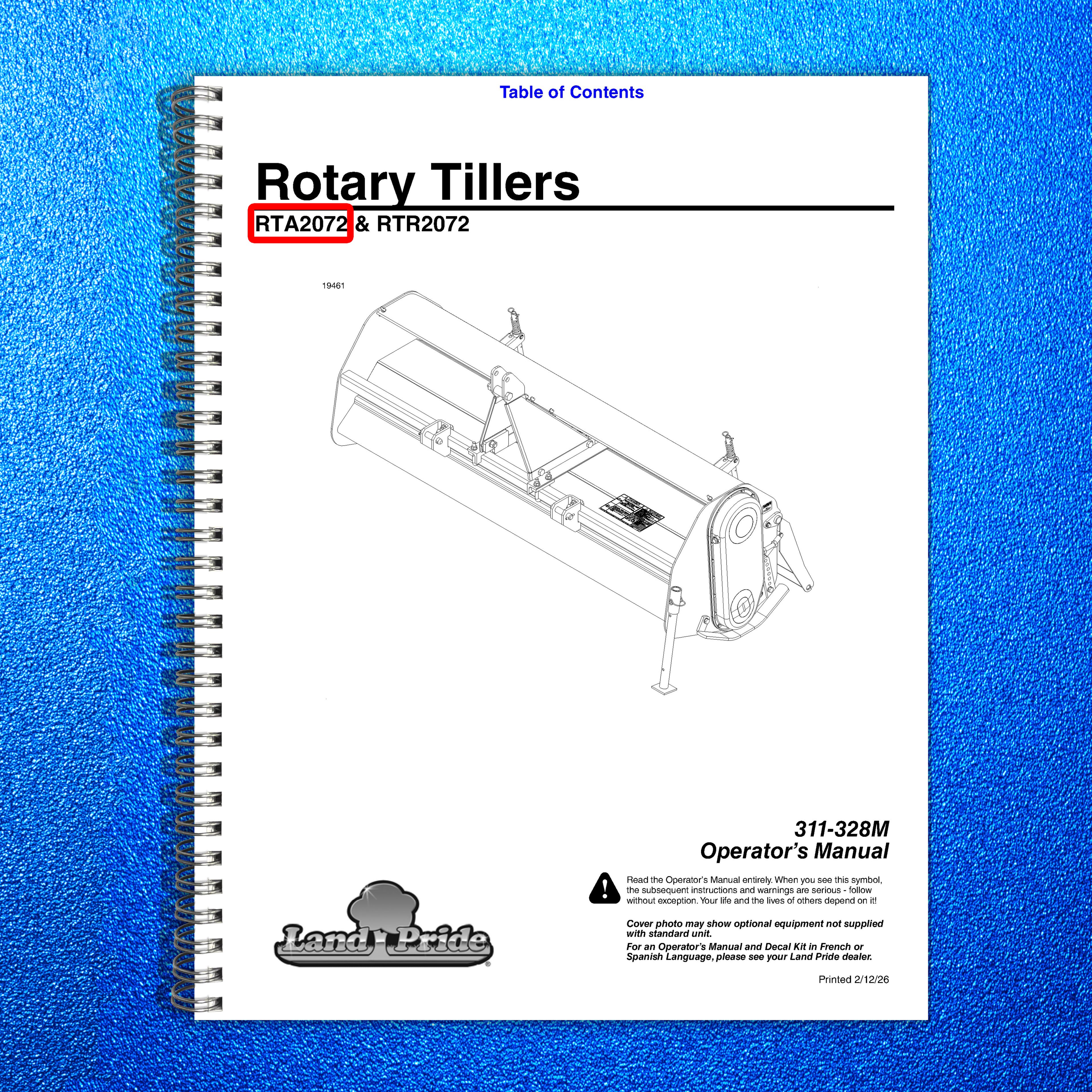 LAND PRIDE RTA2072 Forward Rotation Rotary Tillers Operators Manual - WIRE BOUND