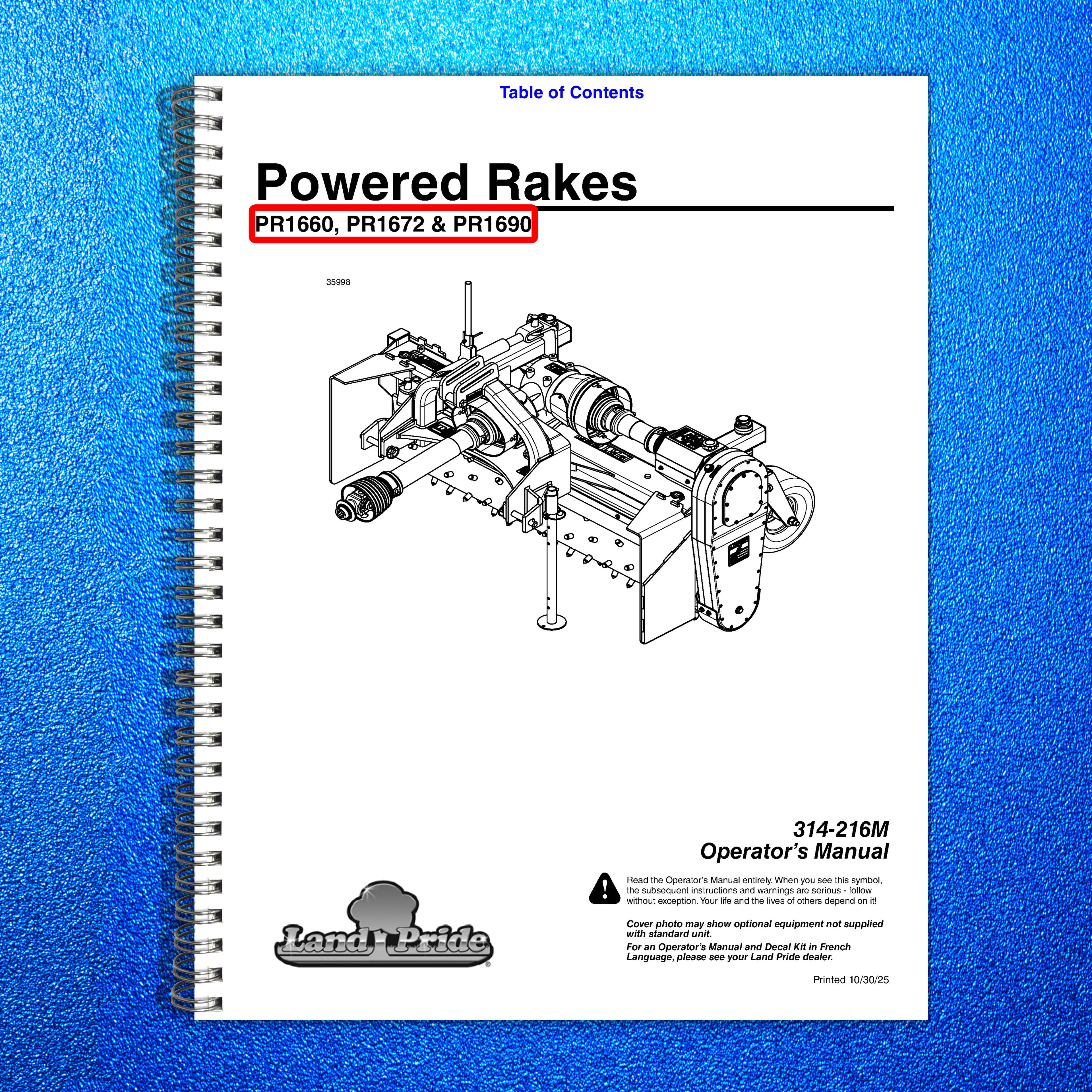 LAND PRIDE PR16 Series Powered Rakes Operators Manual - WIRE BOUND - COVERS
