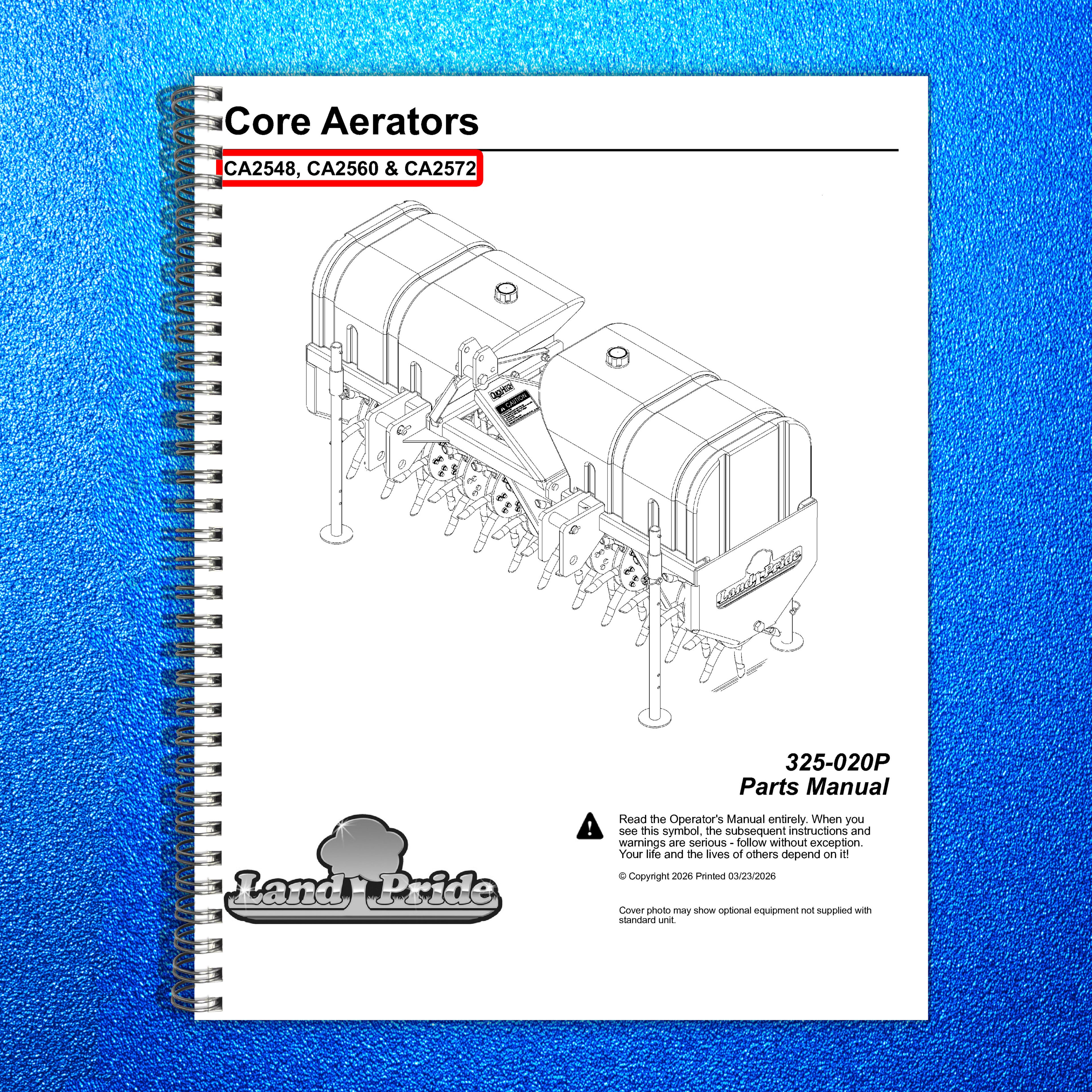 LAND PRIDE CA25 Series Core Aerators Parts Manual 2026 - WIRE BOUND - COVERS