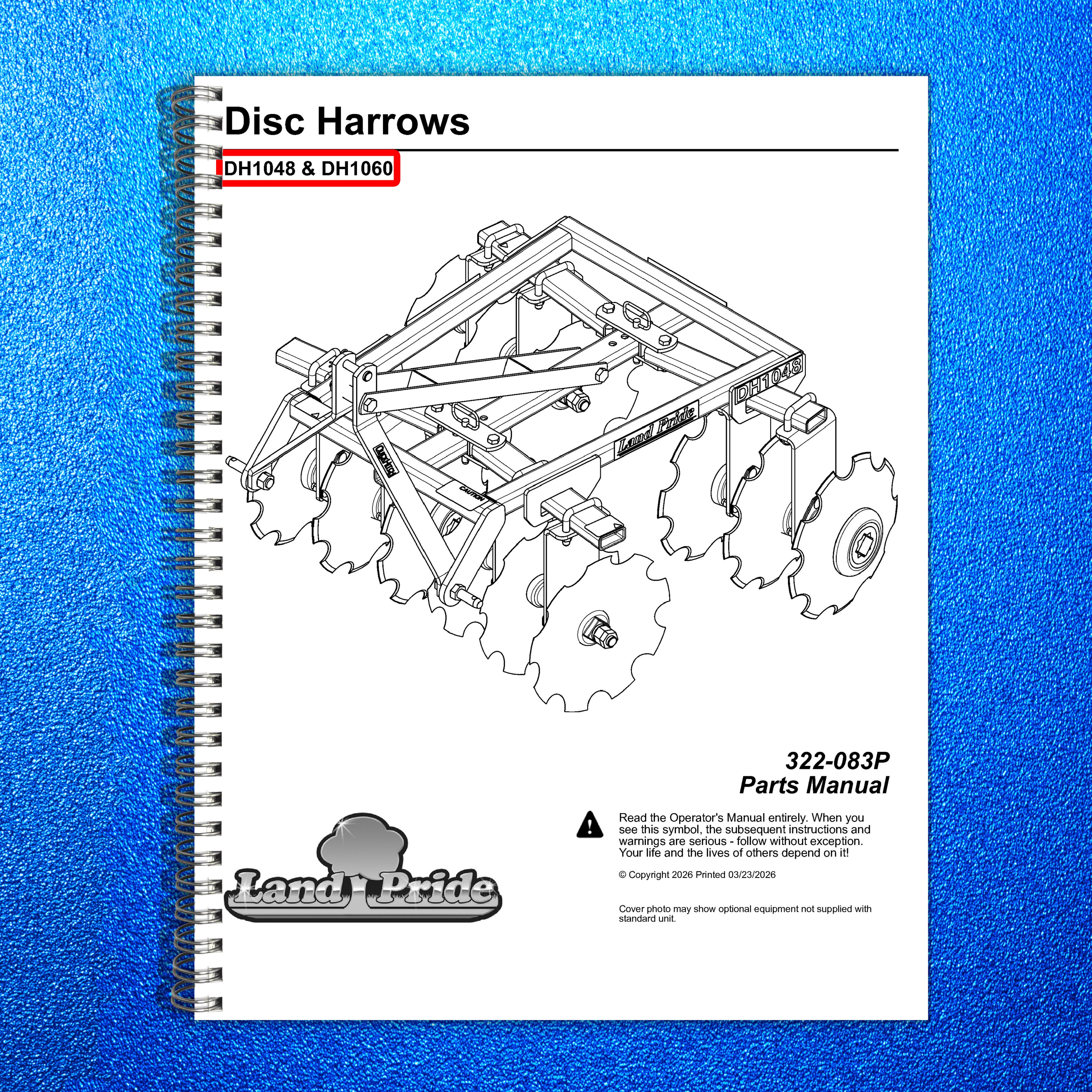 LAND PRIDE DH10 Series Disc Harrows Parts Manual 2026 - WIRE BOUND - COVERS