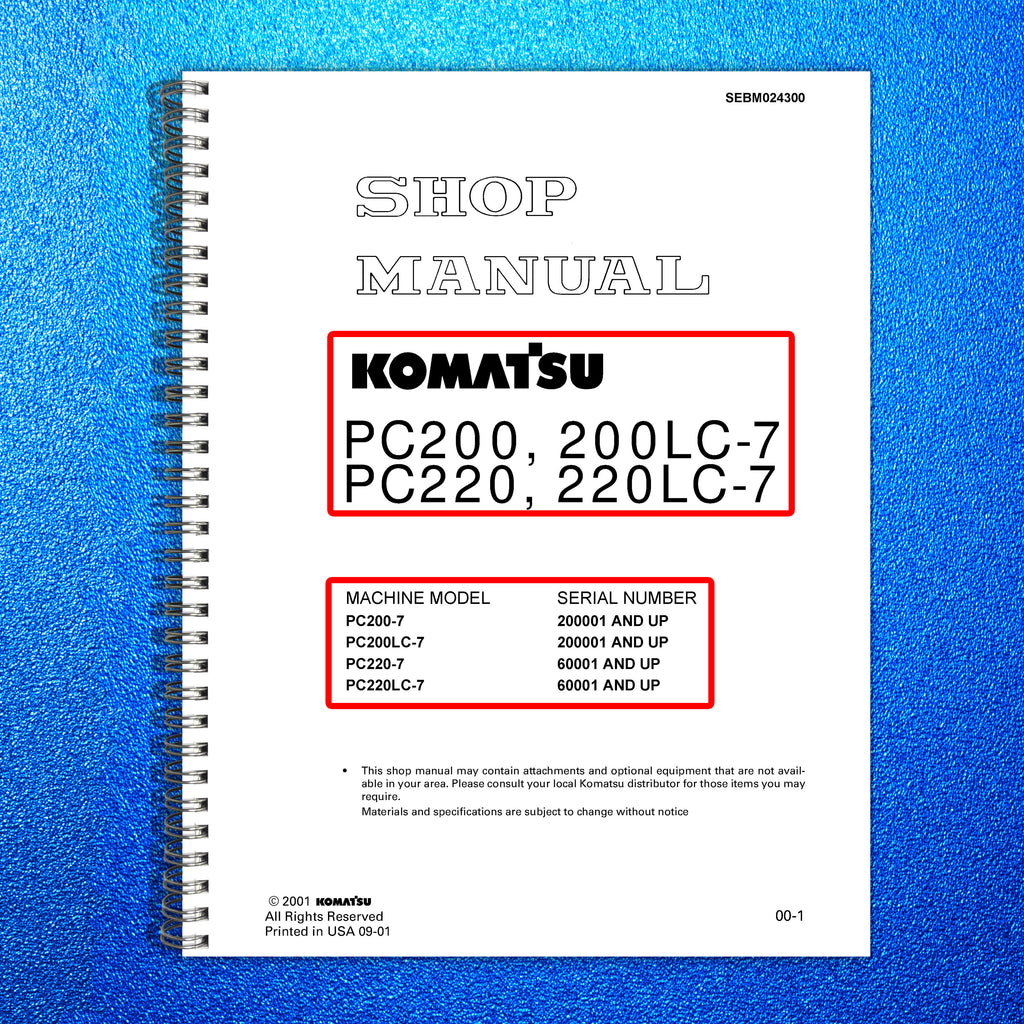 KOMATSU PC200-7 PC20LC-7 SN 200001Up SHOP MANUAL - BOUND - COVERS - XL FOLDOUTS