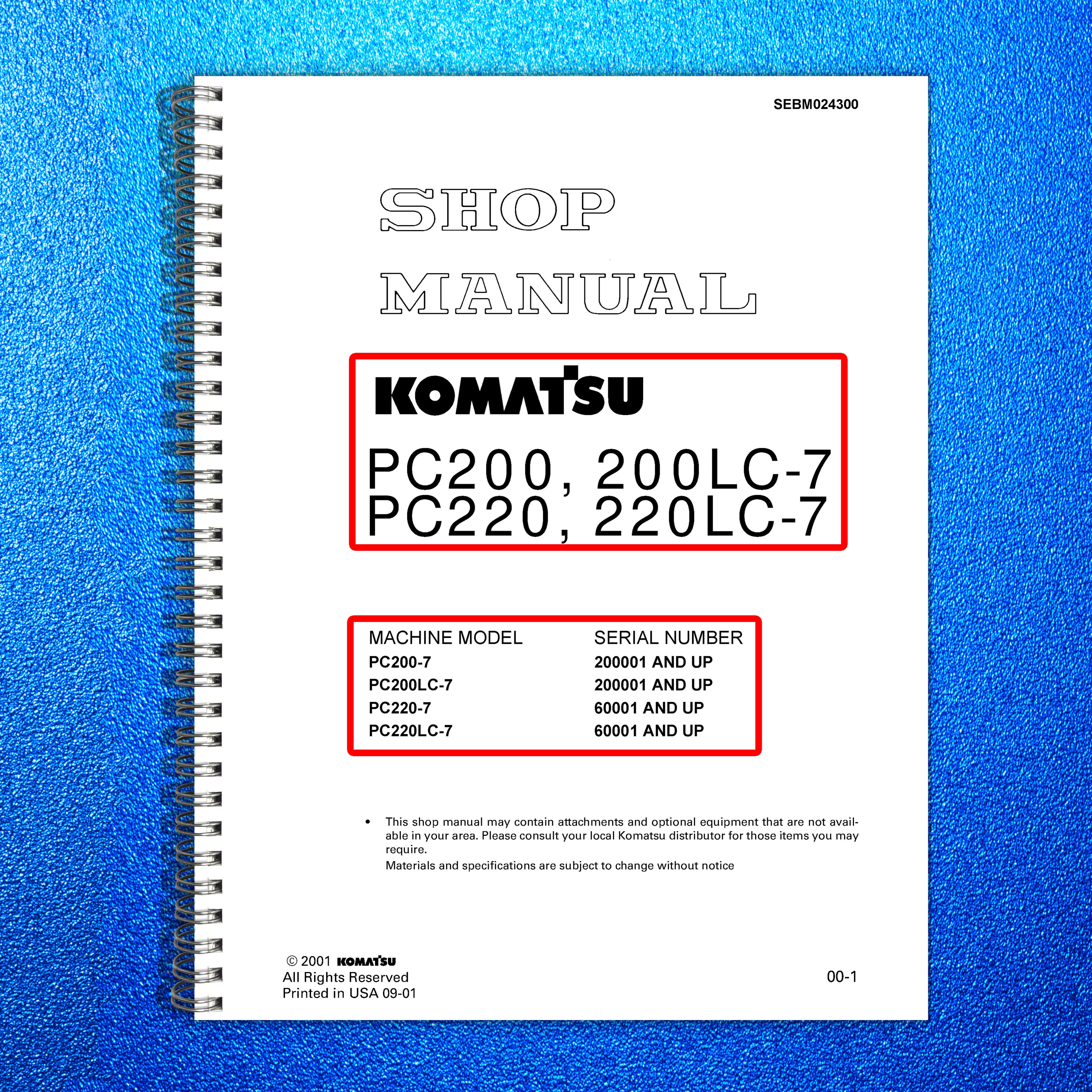 KOMATSU PC200-7 PC20LC-7 SN 200001Up SHOP MANUAL - BOUND - COVERS - XL FOLDOUTS