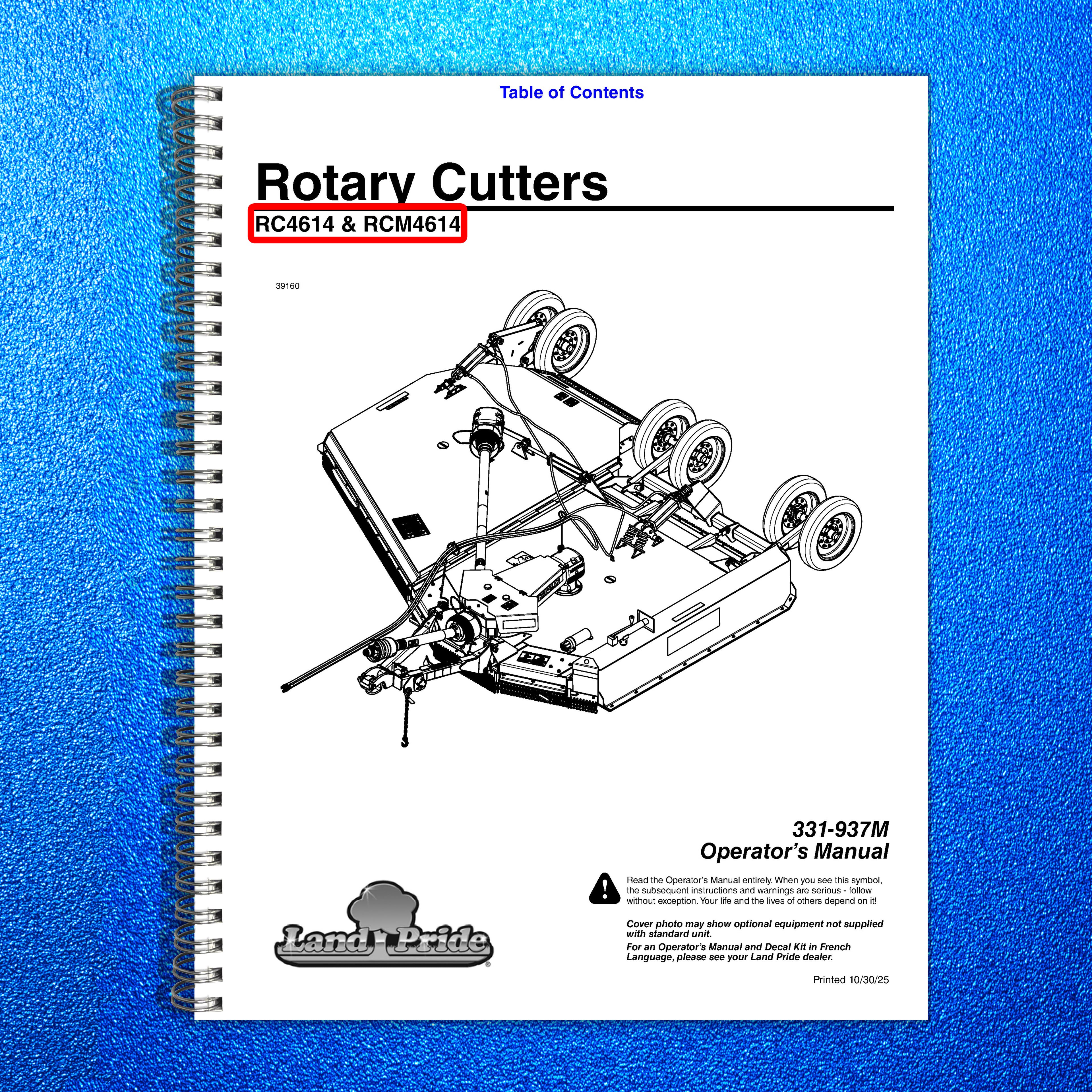 LAND PRIDE RC4614 Rotary Cutter Operators Manual - WIRE BOUND - TOUGH COVERS