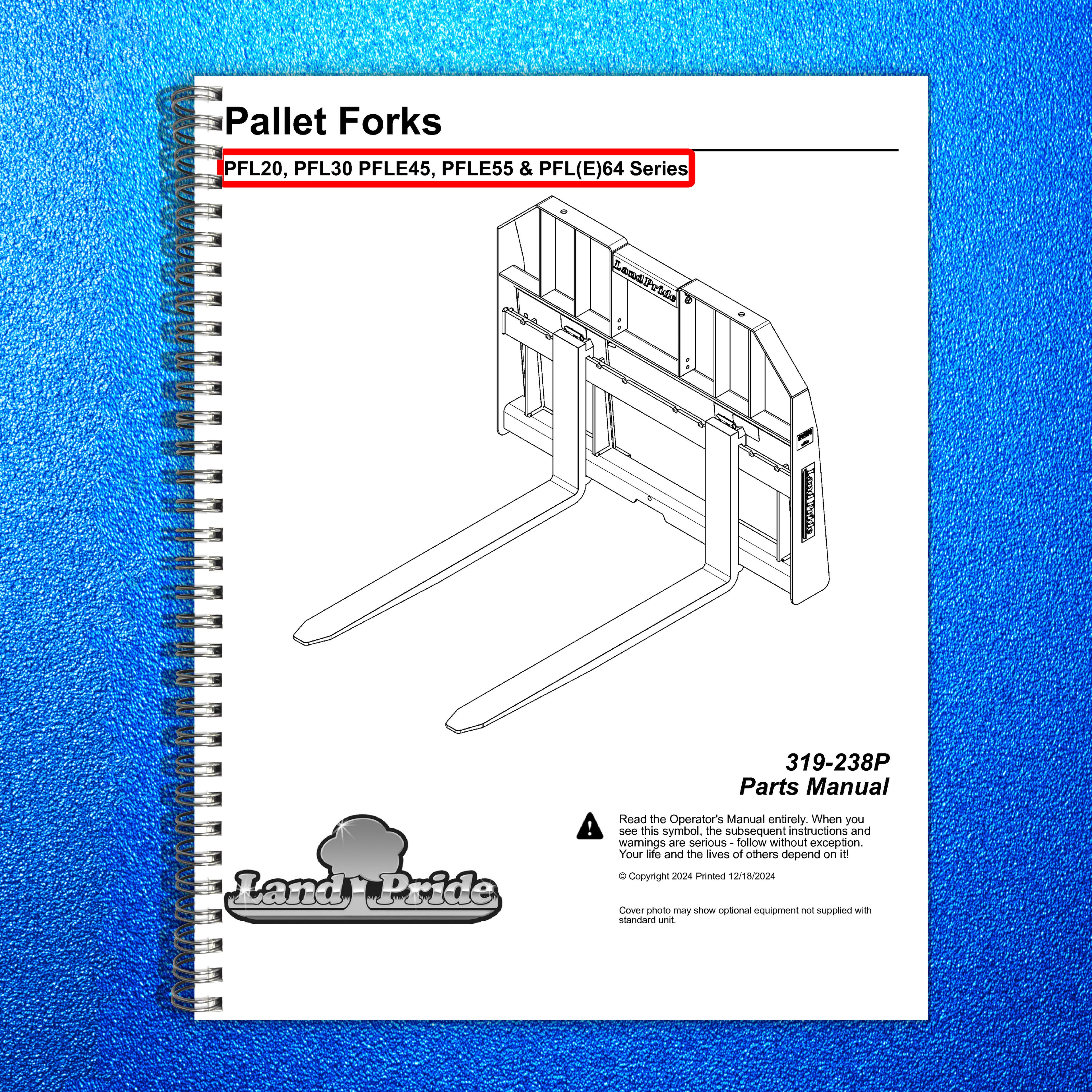 LAND PRIDE PFL20 PFL30 PFLE45 PFL64 Pallet Forks Parts Manual 2024 - WIRE BOUND
