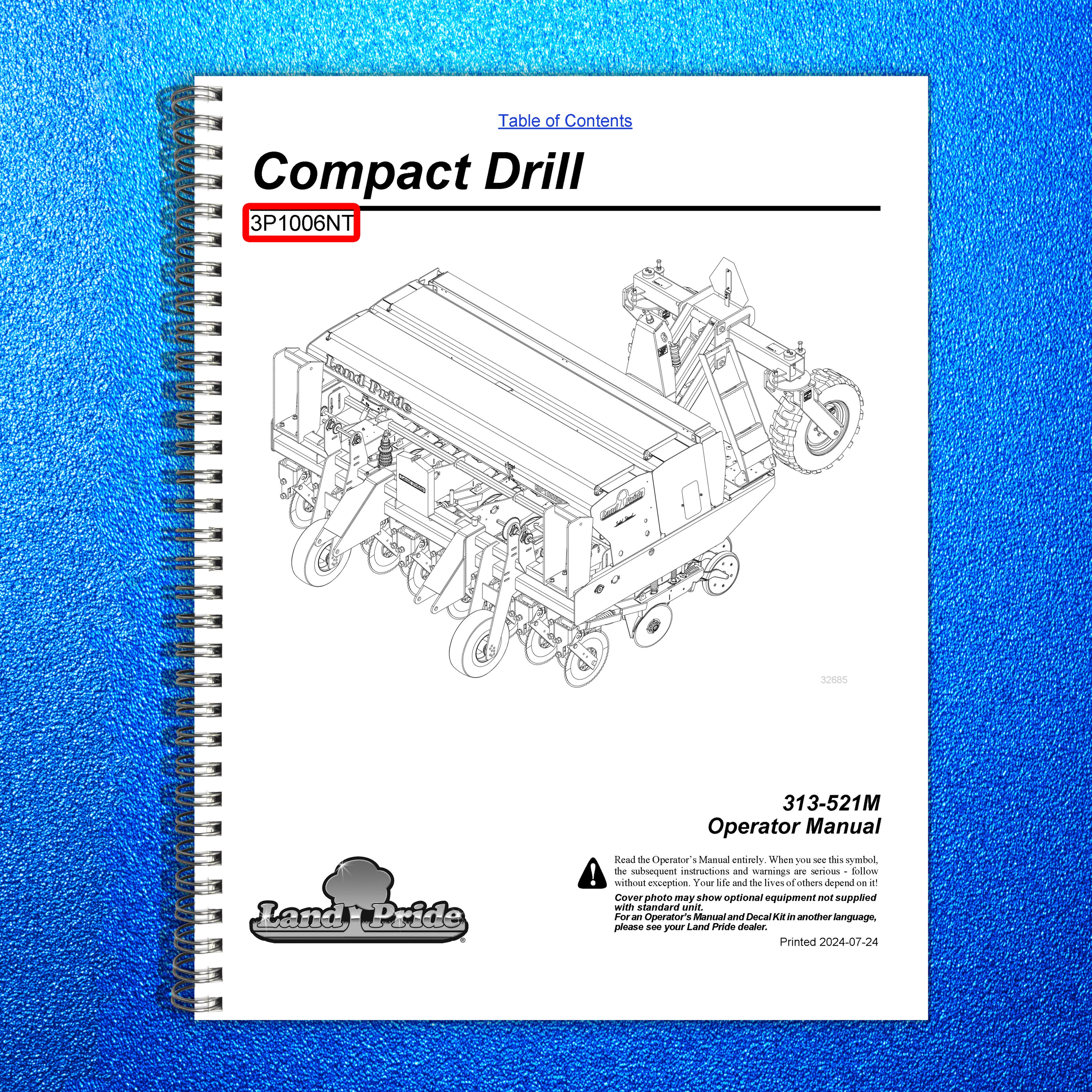 LAND PRIDE 3P1006NT Compact Drills Operators Manual 2024 - WIRE BOUND - COVERS