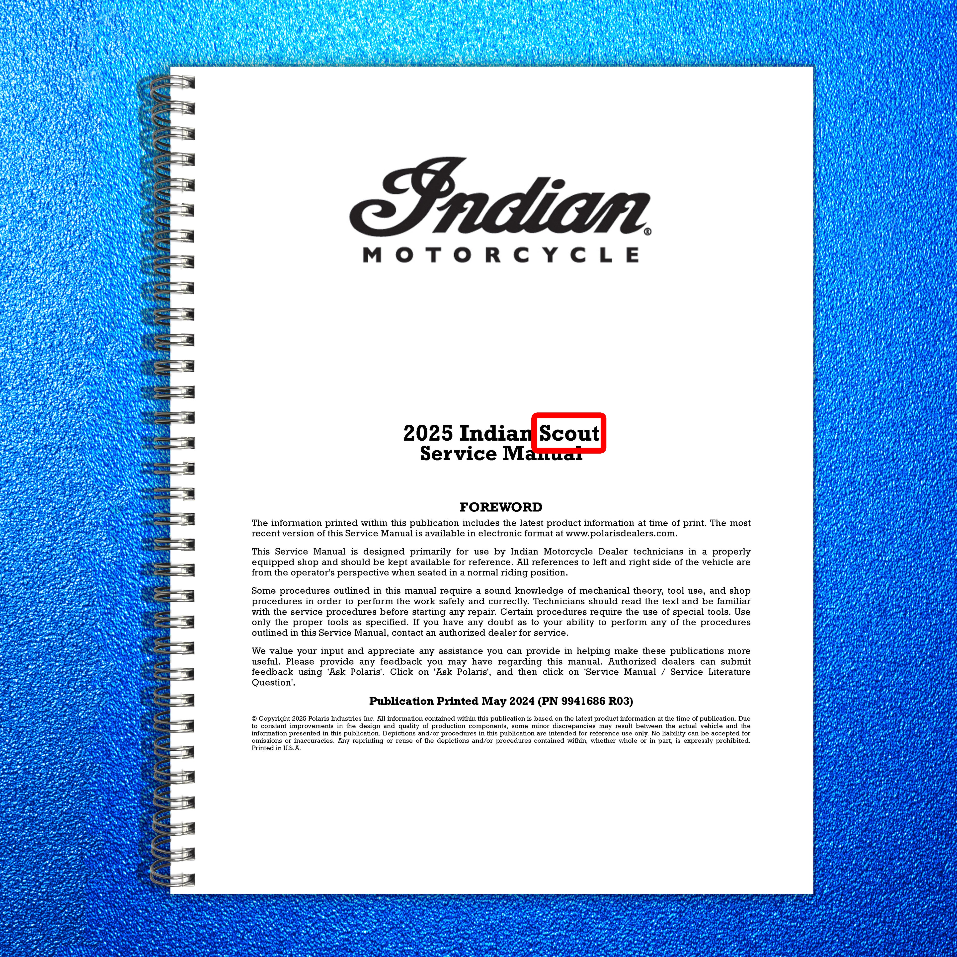 INDIAN Scout Motorcycle Service Manual 2025 - STEEL WIRE BOUND - TOUGH COVERS