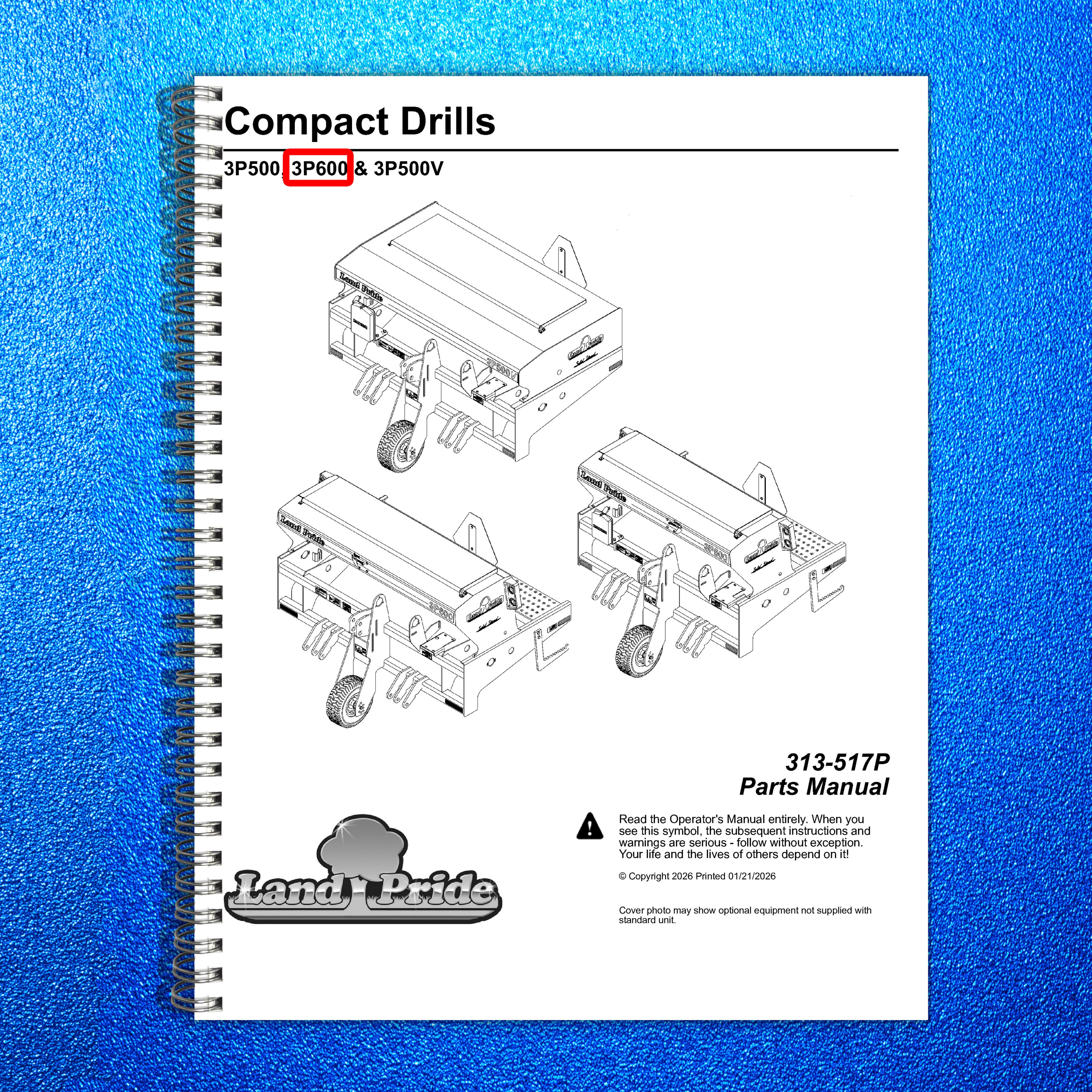 LAND PRIDE 3P600 Compact Drills Parts Manual 2026 - WIRE BOUND - TOUGH COVERS