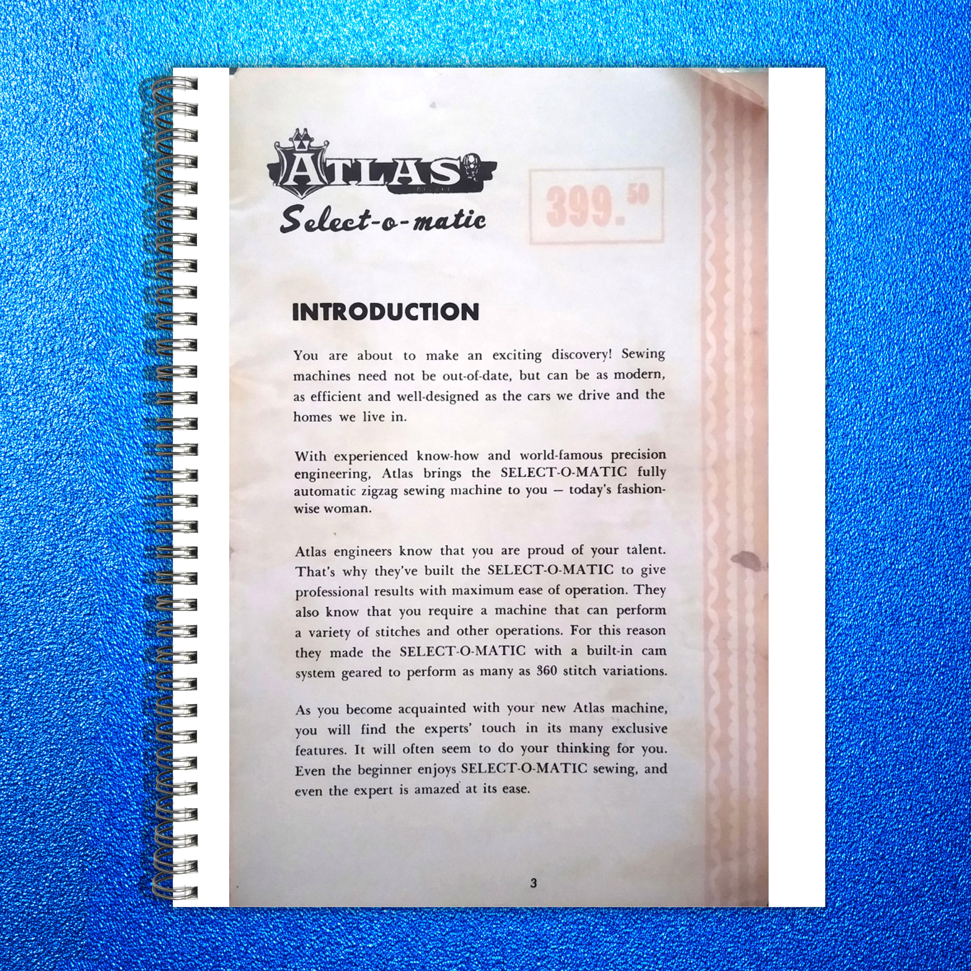 ATLAS Select-O-Matic Sewing Machine Instruction Manual - WIRE BOUND - COVERS
