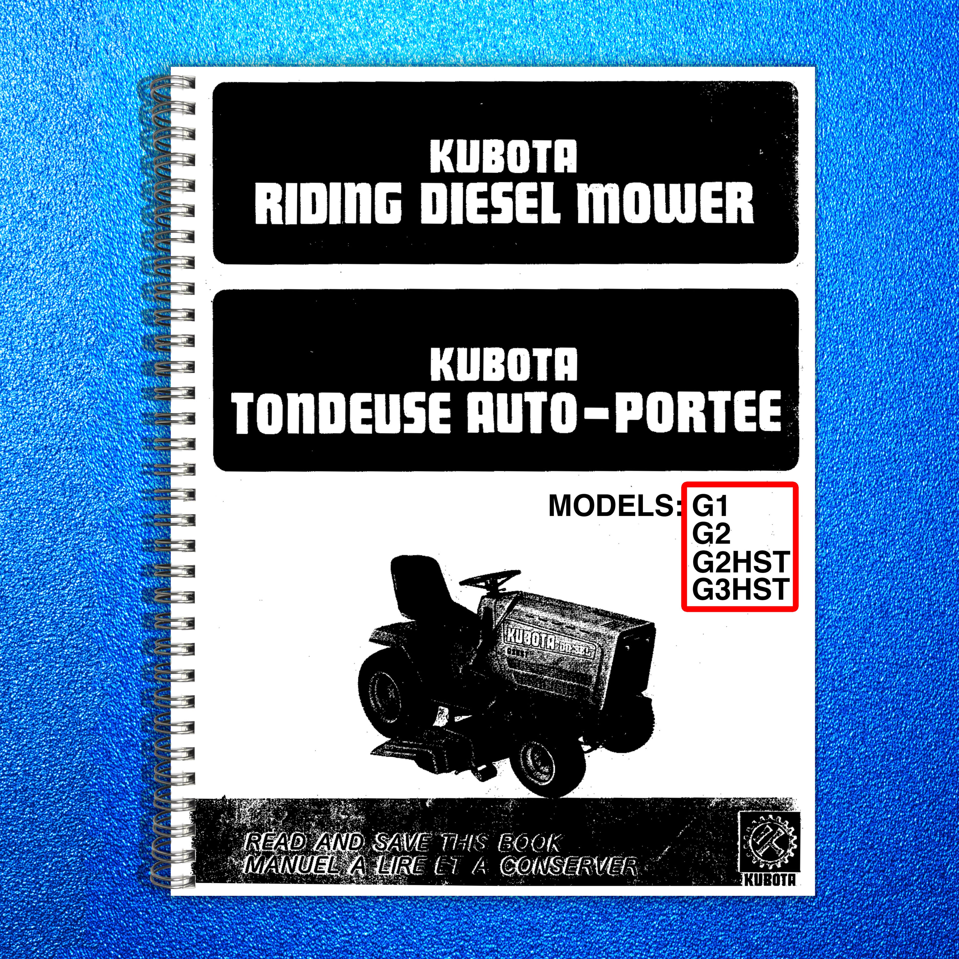 KUBOTA G1 G2 G2HST G3HST MOWER OPERATORS MANUAL - WIRE BOUND - TOUGH COVERS