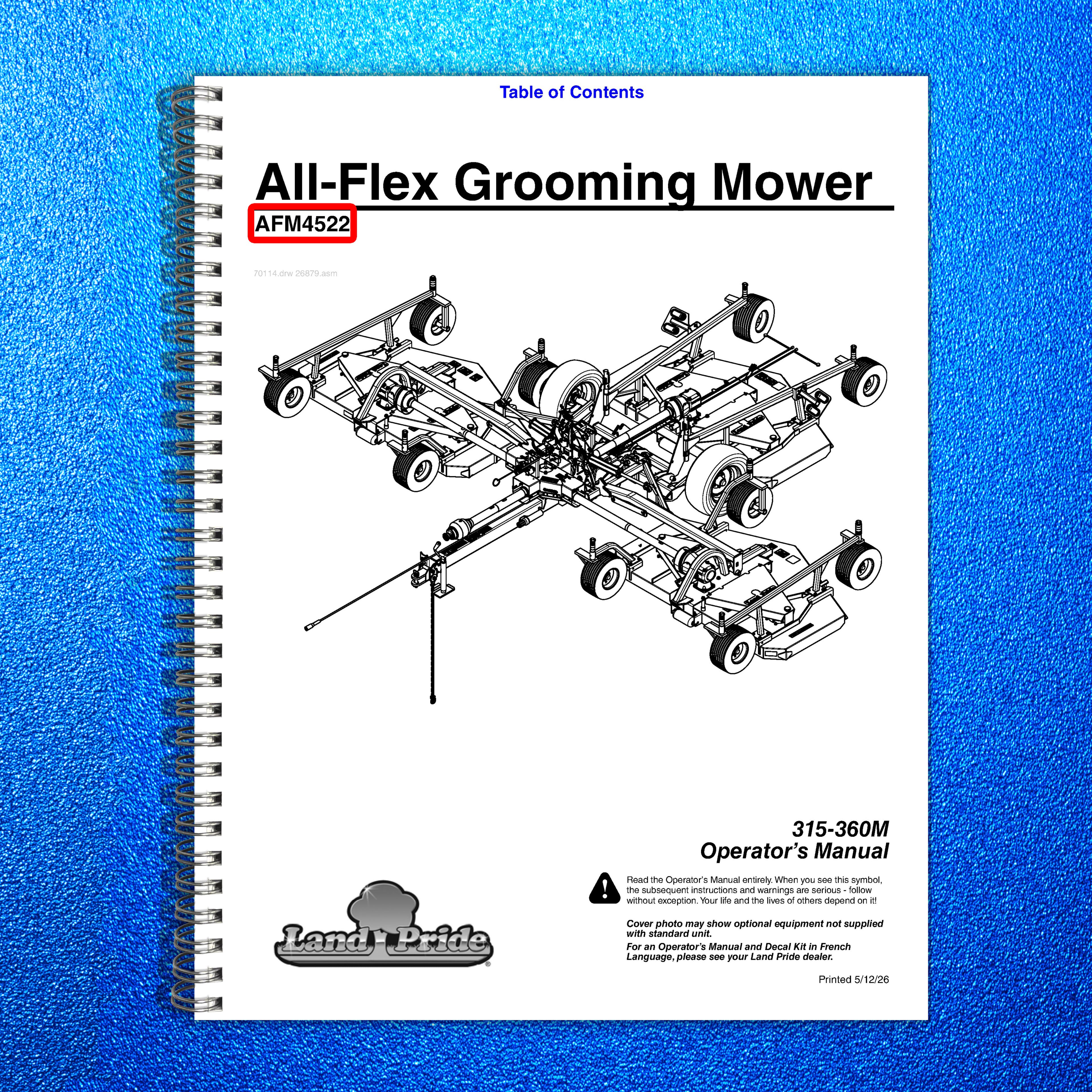 LAND PRIDE AFM4522 All-flex Mowers Operators Manual - WIRE BOUND - TOUGH COVERS