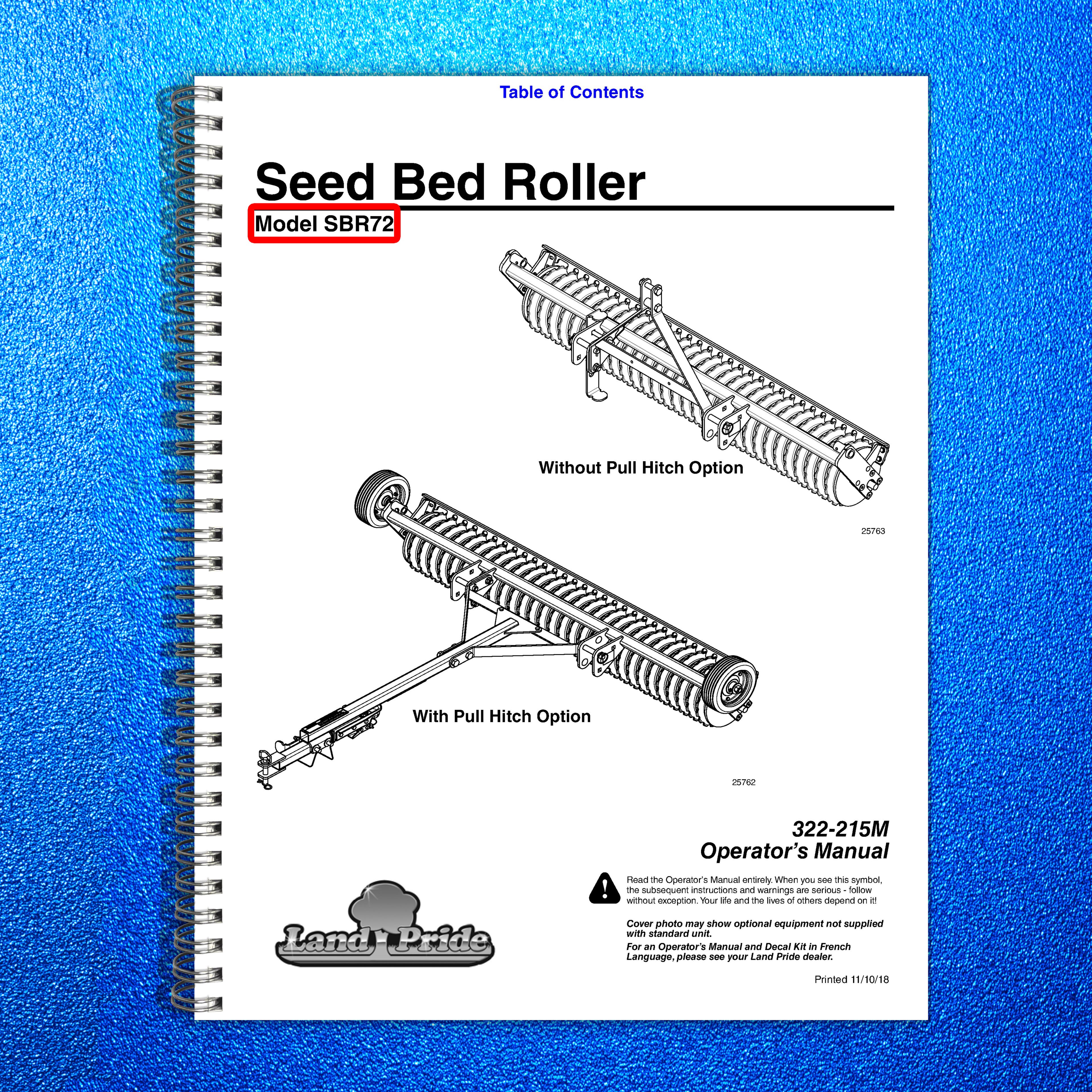 LAND PRIDE SBR Series Seed Bed Rollers Operators Manual - WIRE BOUND - COVERS