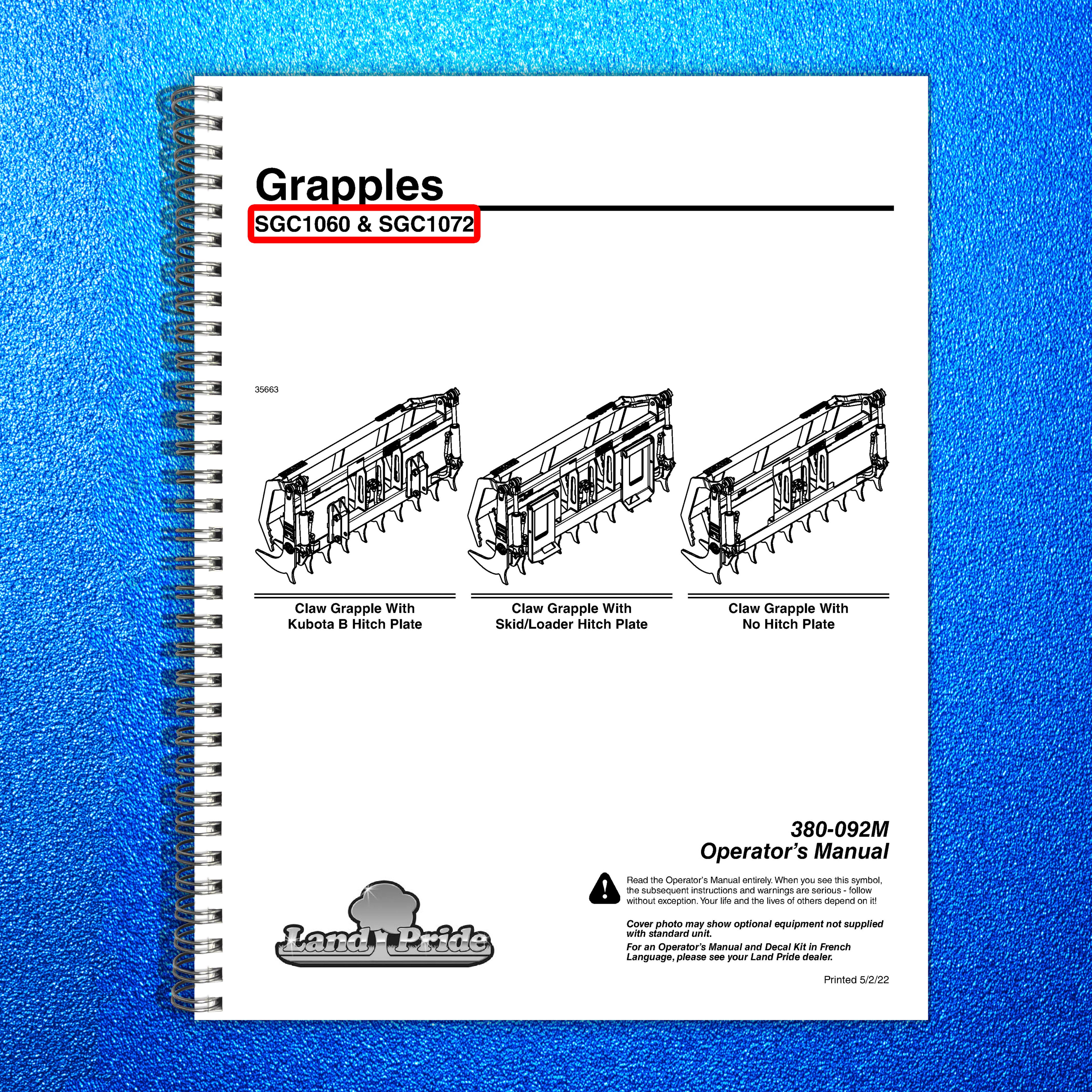 LAND PRIDE SGC1060 SGC1072 Grapple Operators Manual 2022 - WIRE BOUND - COVERS