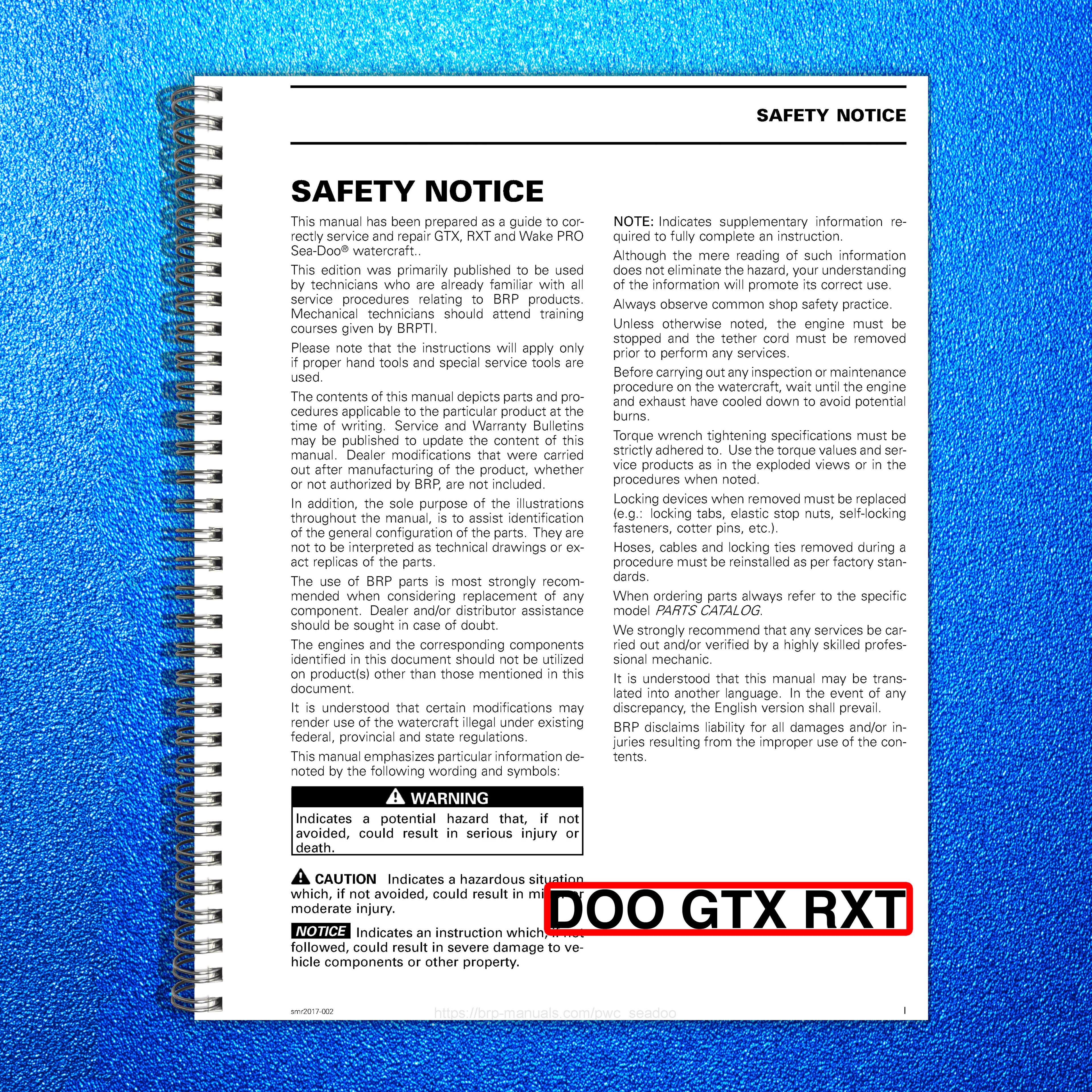 SEA-DOO GTX RXT Wake Pro Service Manual 2017 - STEEL WIRE BOUND - TOUGH COVERS