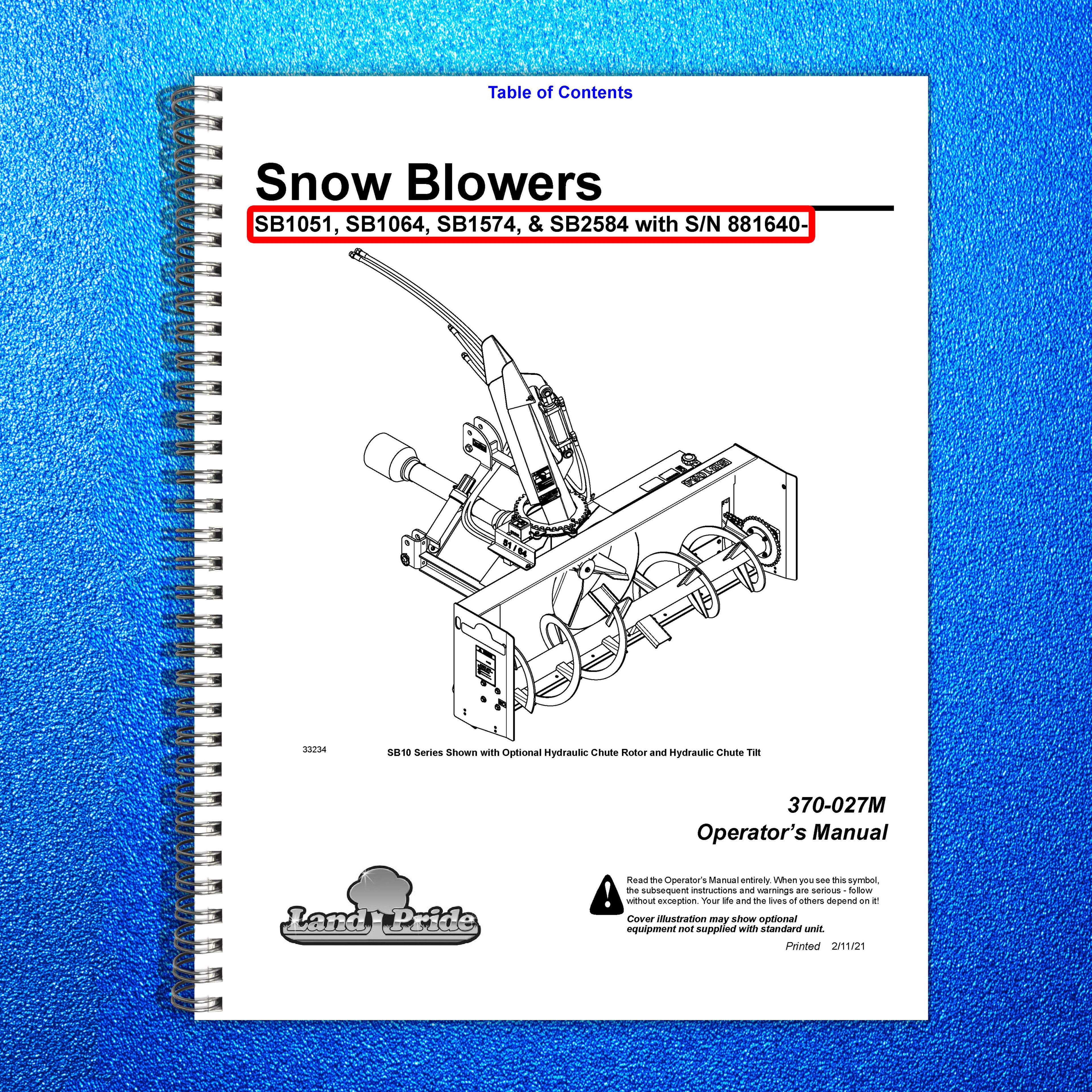 LAND PRIDE SB10 Series Snow Blowers Operators Manual 2014 - WIRE BOUND - COVERS