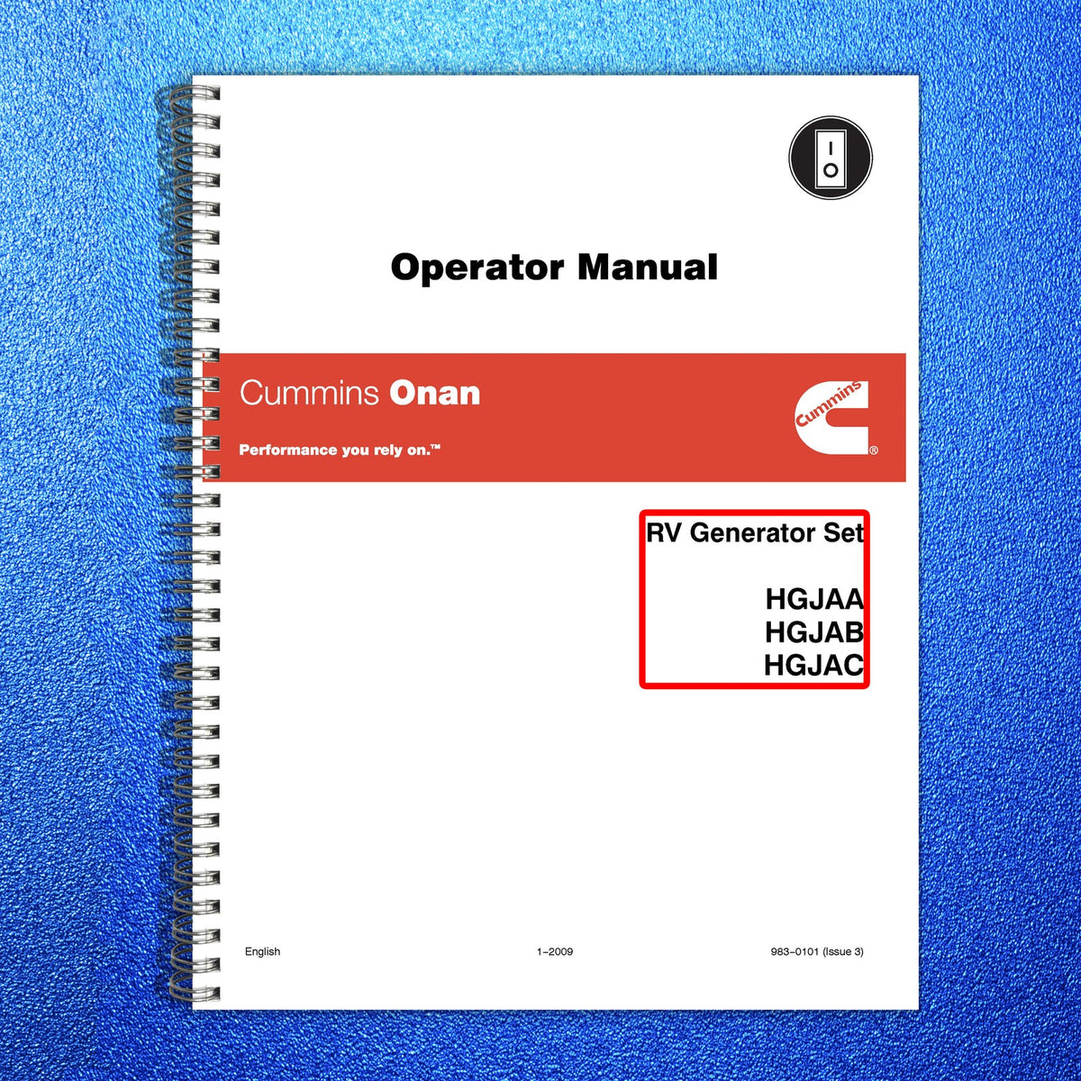ONAN HGJAA HGJAB HGJAC RV Genset Operator Manual 2009 - WIRE BOUND - COVERS